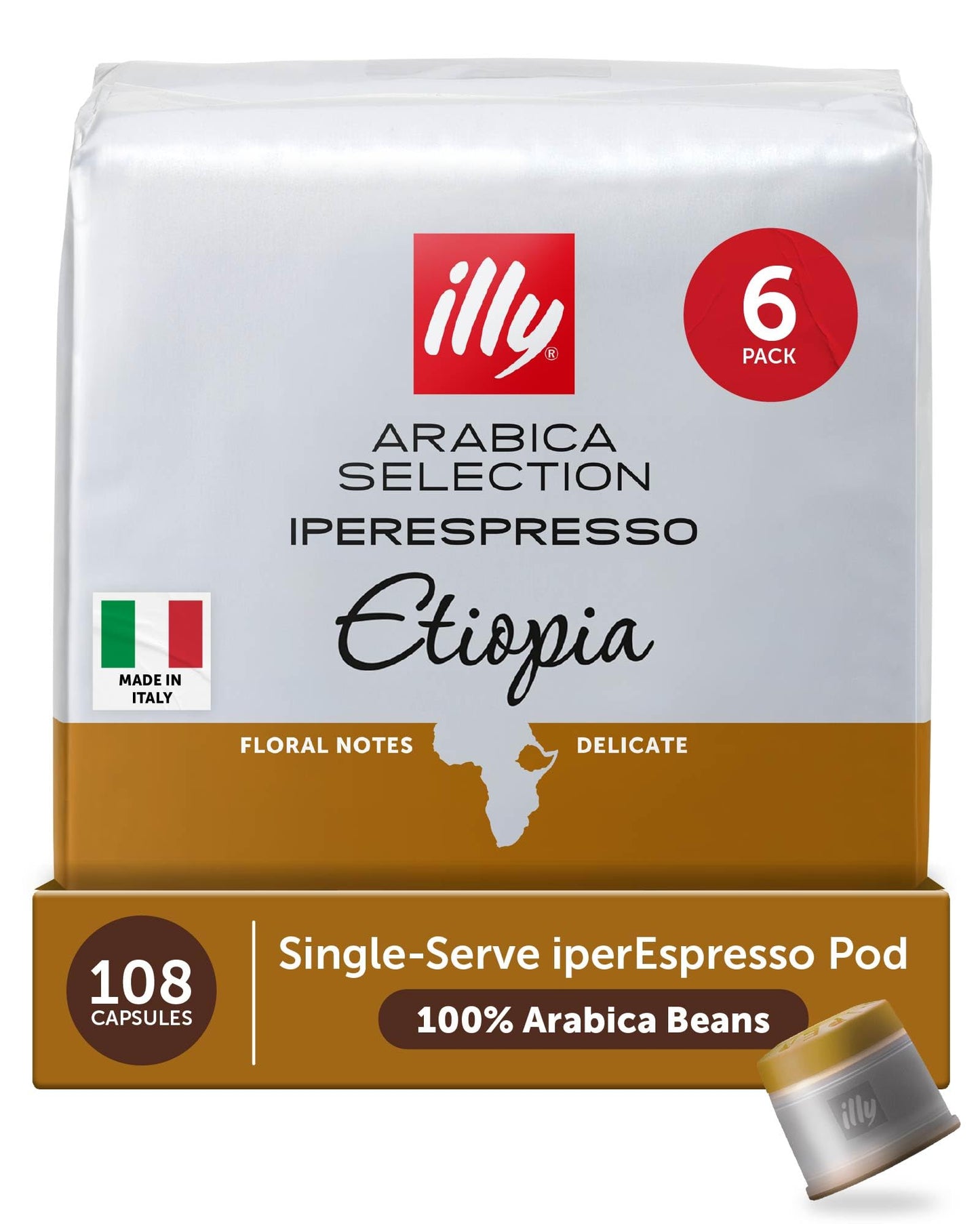 Illy Coffee IperEspresso Capsules - Single-Serve Coffee Capsules & Pods - Single Origin Ethiopia Medium Roast - Notes of Jasmine  Orange Blossom  and Chamomile - 100% Arabica - 18 Count (Pack of 6)