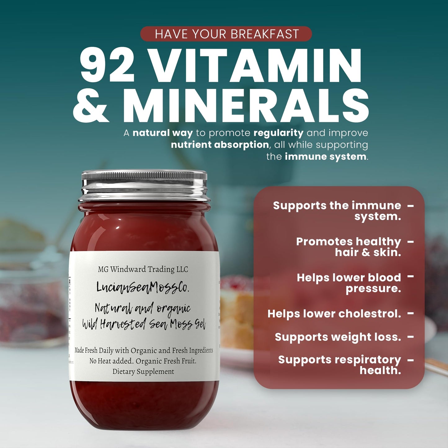 MG Windward Trading LLC Organic Purple Sea Moss Gel - 16 oz, Wild Harvested, Immune Support, Antioxidants