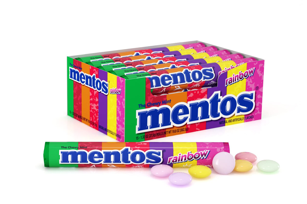 Mentos Chewy Mint Candy Roll, Rainbow, Non Melting, Party, 14 Pieces (Bulk Pack Of 15)