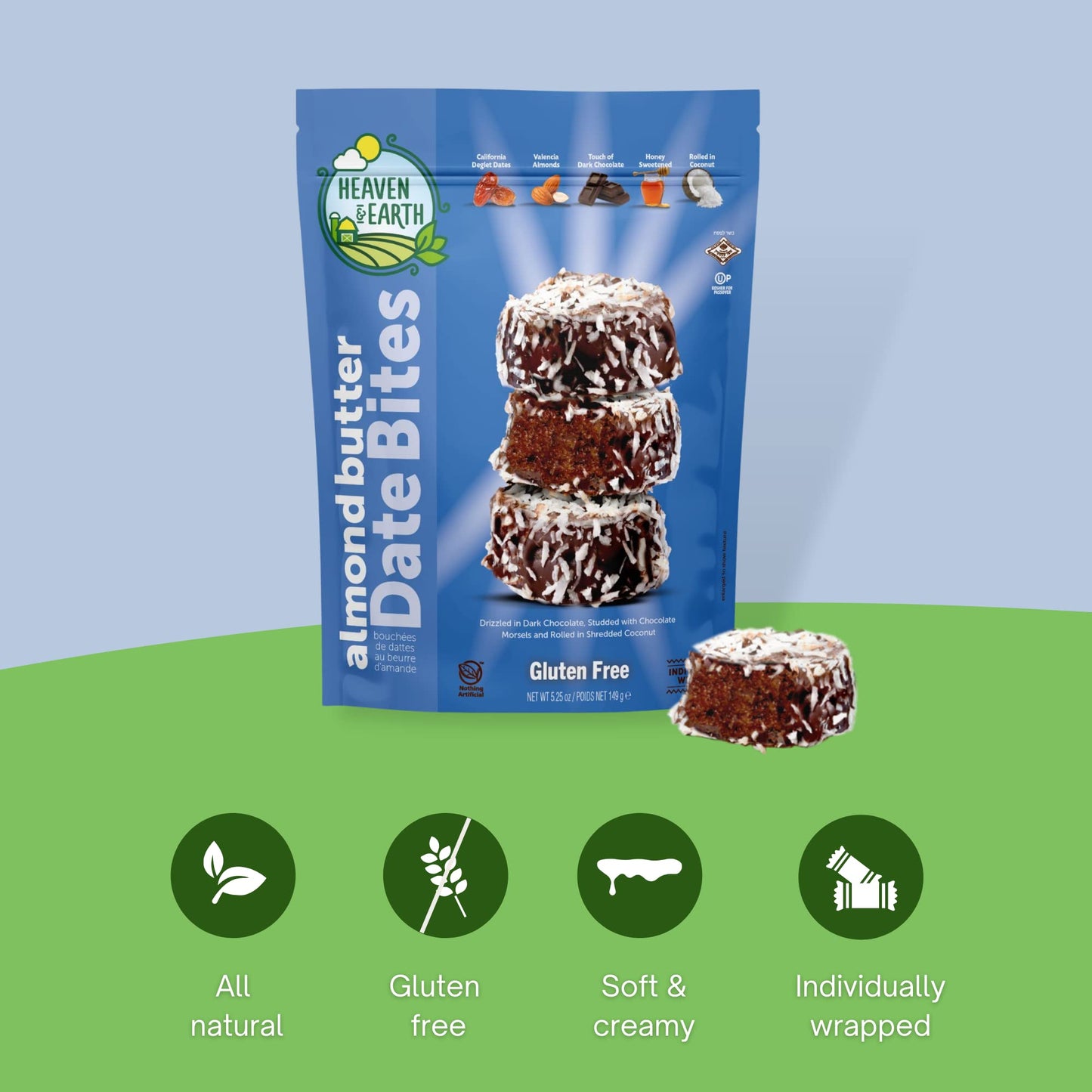 Heaven & Earth Gluten Free Chocolate Covered Almond Butter Date Bite Truffles with Coconut Flakes 5.25oz (2 Pack) Dairy Free, Al