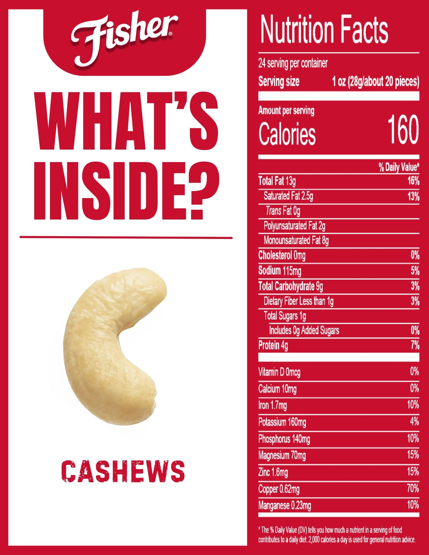 Fisher Whole Cashews, Oven Roasted, Sea Salt, 24 Ounces, Gluten Free, Vegan Protein, Snack