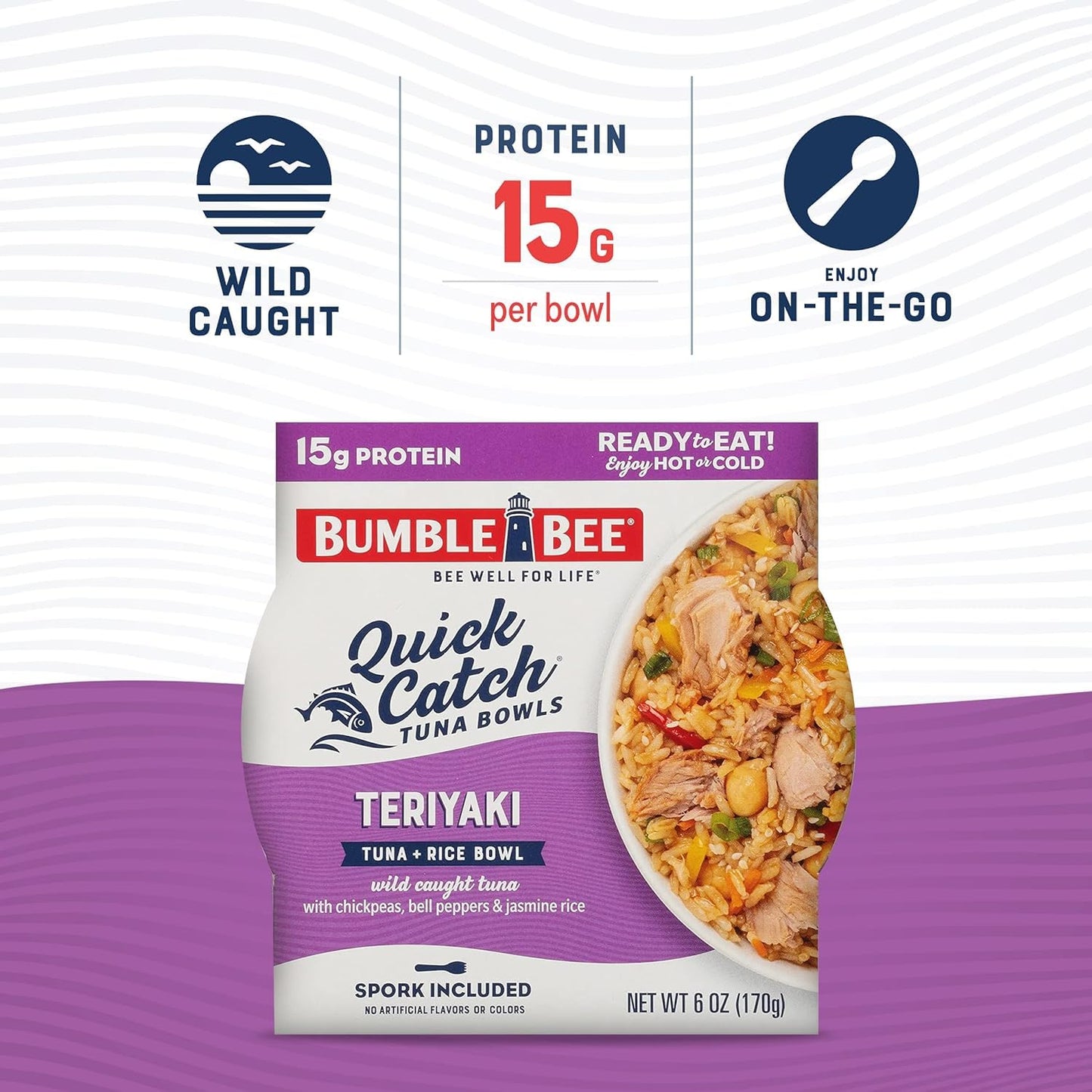 Bumble Bee Teriyaki Tuna & Rice Bowl - 6 oz Ready to Eat, 15g Protein, No Artificial Flavors, Good Source of Fiber, Spork Included