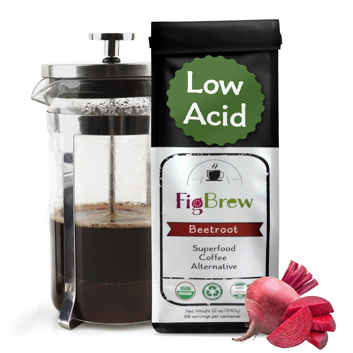 FigBrew - Beetroot Superfood Organic Coffee Alternative, Ground Coffee Substitute, Non-Acidic, Stomach-Friendly Replacement for 