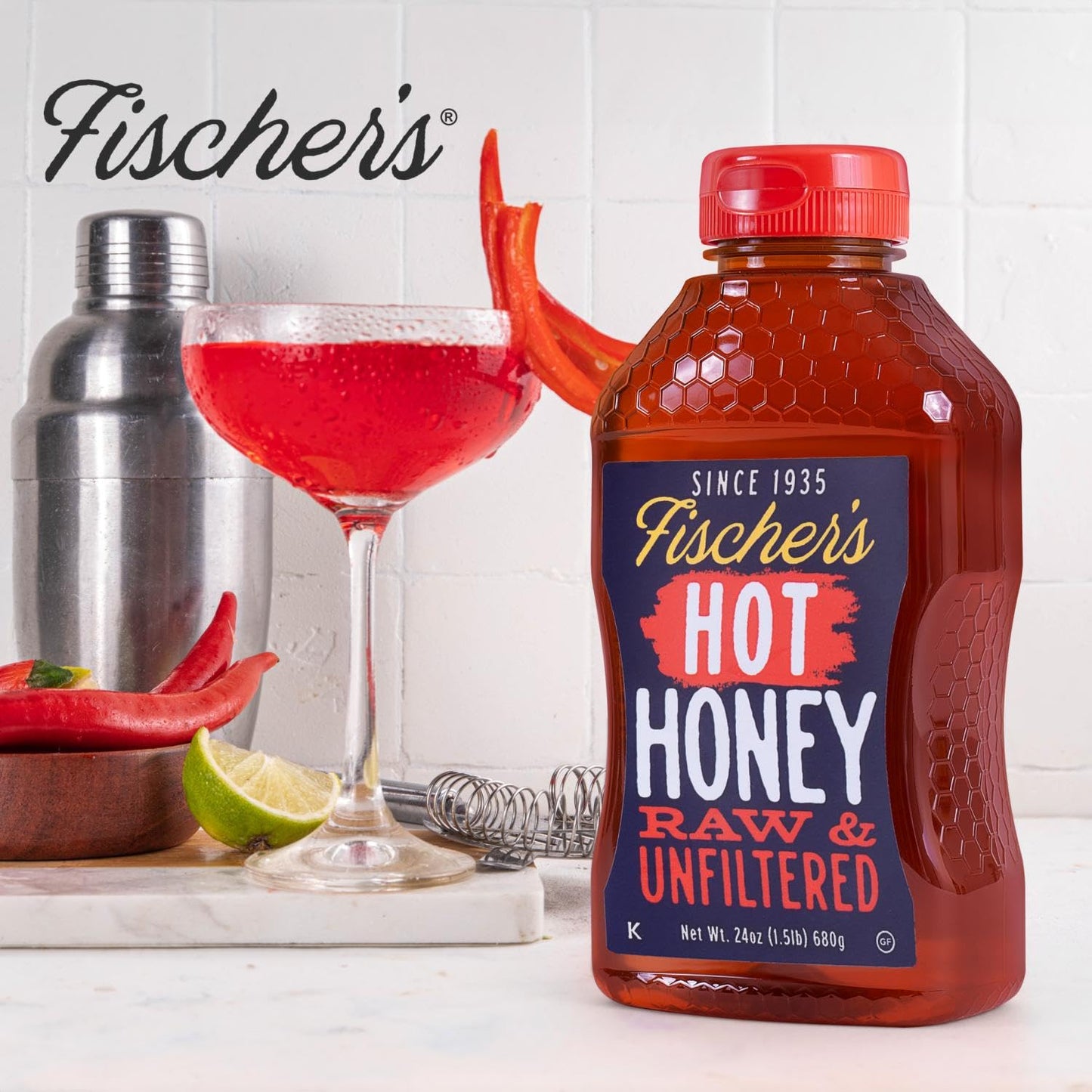 Fischers Hot Honey, 24 Oz - 100% Raw Unfiltered Honey Infused with Hot Pepper - Chefs Choice - Spicy Kick for Pizza, BBQ, Frie