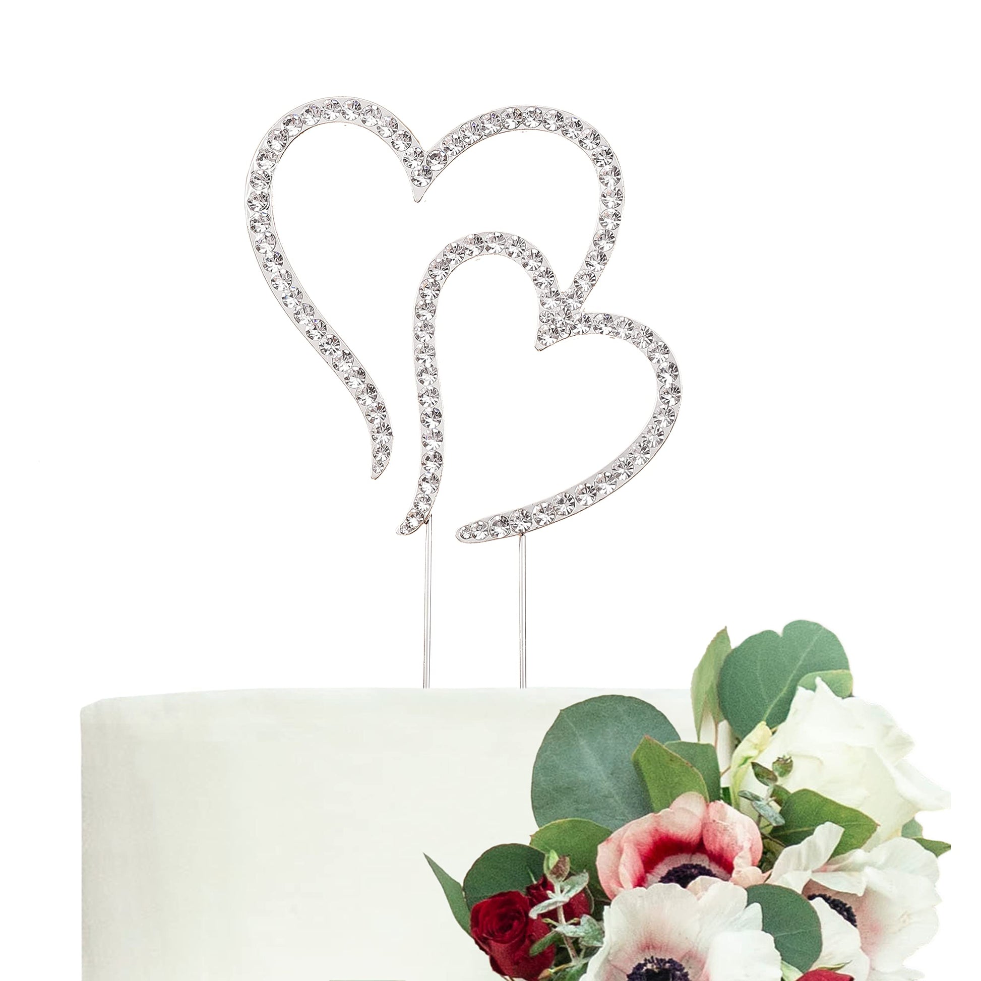 LOVENJOY Wedding Cake Topper, Two Hearts One Love, Silver, Crystal Rhinestone, 3.5 W x 8 H