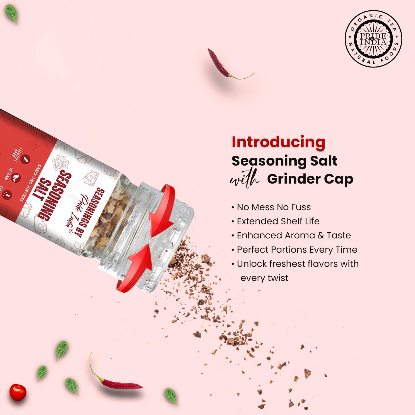 Pride Of India Seasoning Salt Grinder, Garlic Onion Spice Blend, 2.3 oz, Vegan, Gluten Free
