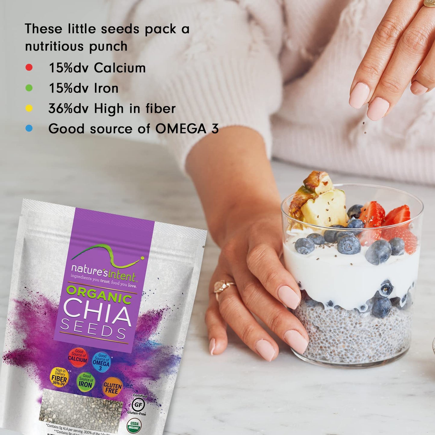 Nature's Intent Organic Chia Seeds - 3lb Bag - USDA Organic, Non-GMO, Vegan, Gluten-Free, Kosher, Keto & Paleo
