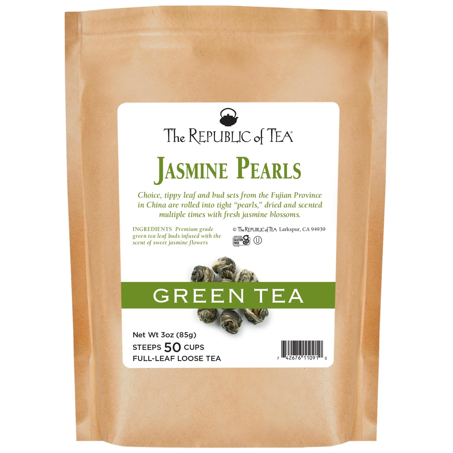 The Republic of Tea Jasmine Pearls Full-Leaf Loose Green Tea | 3.0 Ounce Refill Bag | Steeps 50 Cups