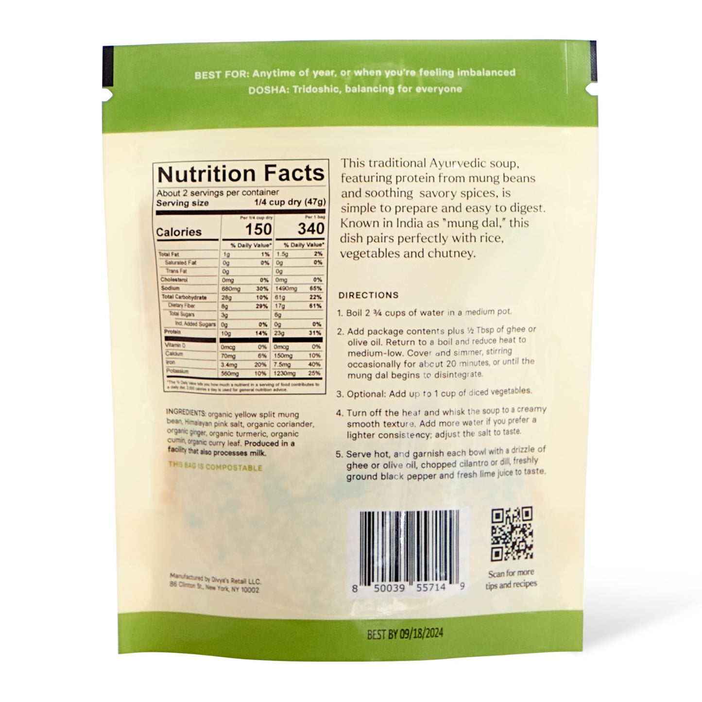 Divyas Mung Bean Soup Mix, One-Pot Ayurvedic Soup Mix With Mung Dal & Spices, Healthy & Nourishing High Protein Plant-Based Meal