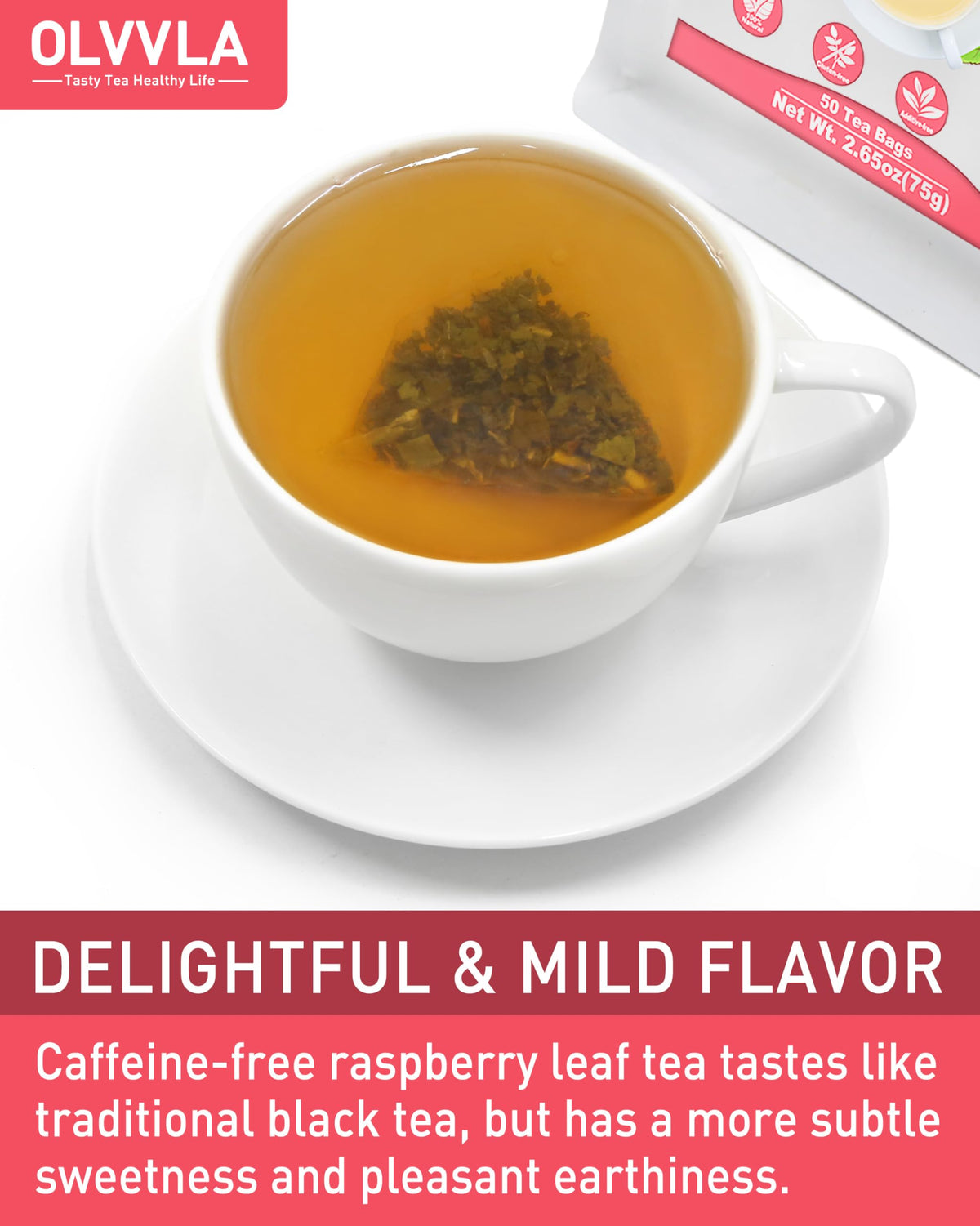 Olvvla Raspberry Leaf Tea Bags - 100% Pure Herbal Tea - Caffeine-free - 50 Count