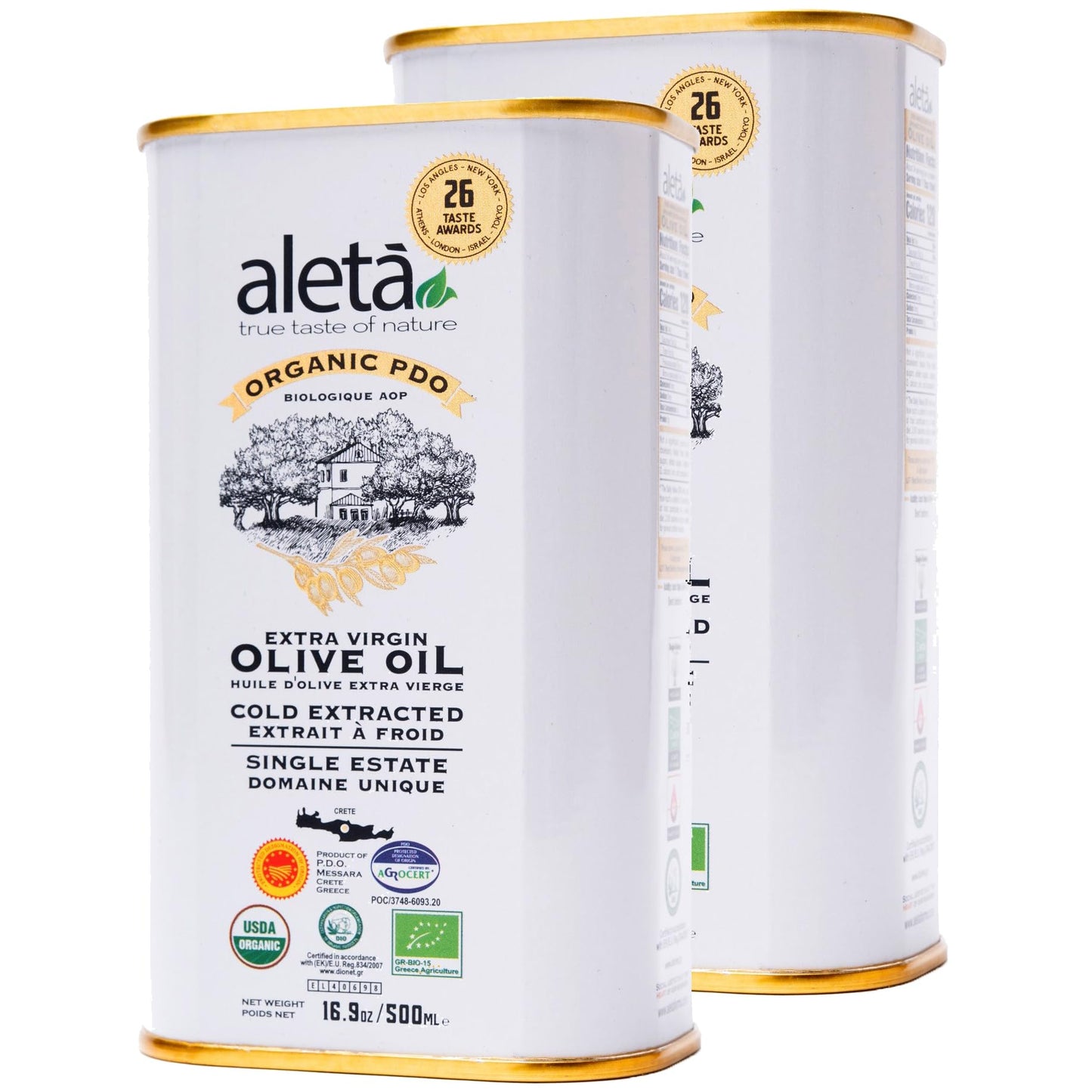 Aleta Farms Extra Virgin Olive Oil, USDA Organic, Cold Pressed, 16.9 Fl Oz (Pack of 2)