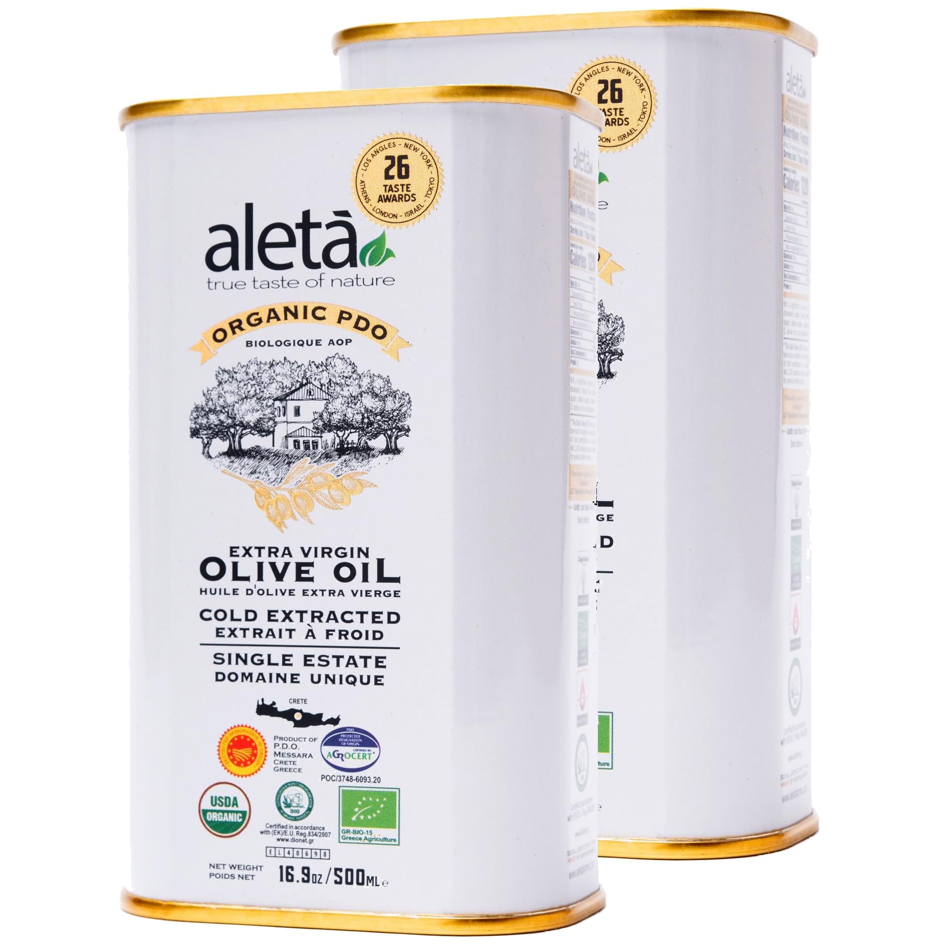 Aleta Farms Extra Virgin Olive Oil, USDA Organic, Cold Pressed, 16.9 Fl Oz (Pack of 2)