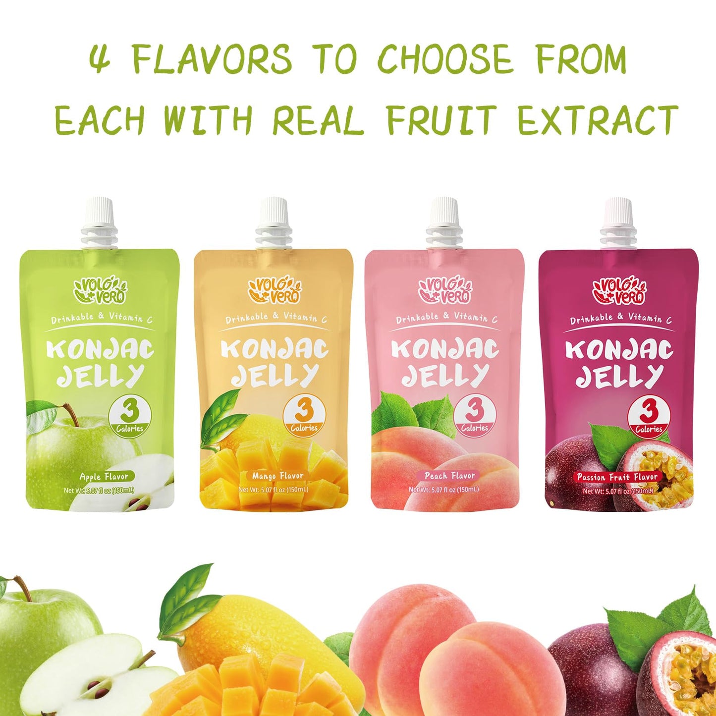 VOLO VERO Konjac Jelly Squeeze Pouch Apple Flavor, Low Calories (3 Kcal), 10 Packs, Gluten Free & Vegan, 0 Sugar, Keto, Low Carb