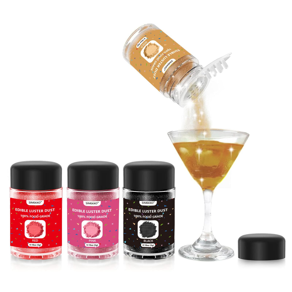 Luster Dust Edible For Drinks 4Colors: Simekko Food Grade Edible Luster Dust For Cakes  Drinks  Strawberries And Fondant  Vegan & Sugar & Gluten Free (5 Gram Each Bottle)