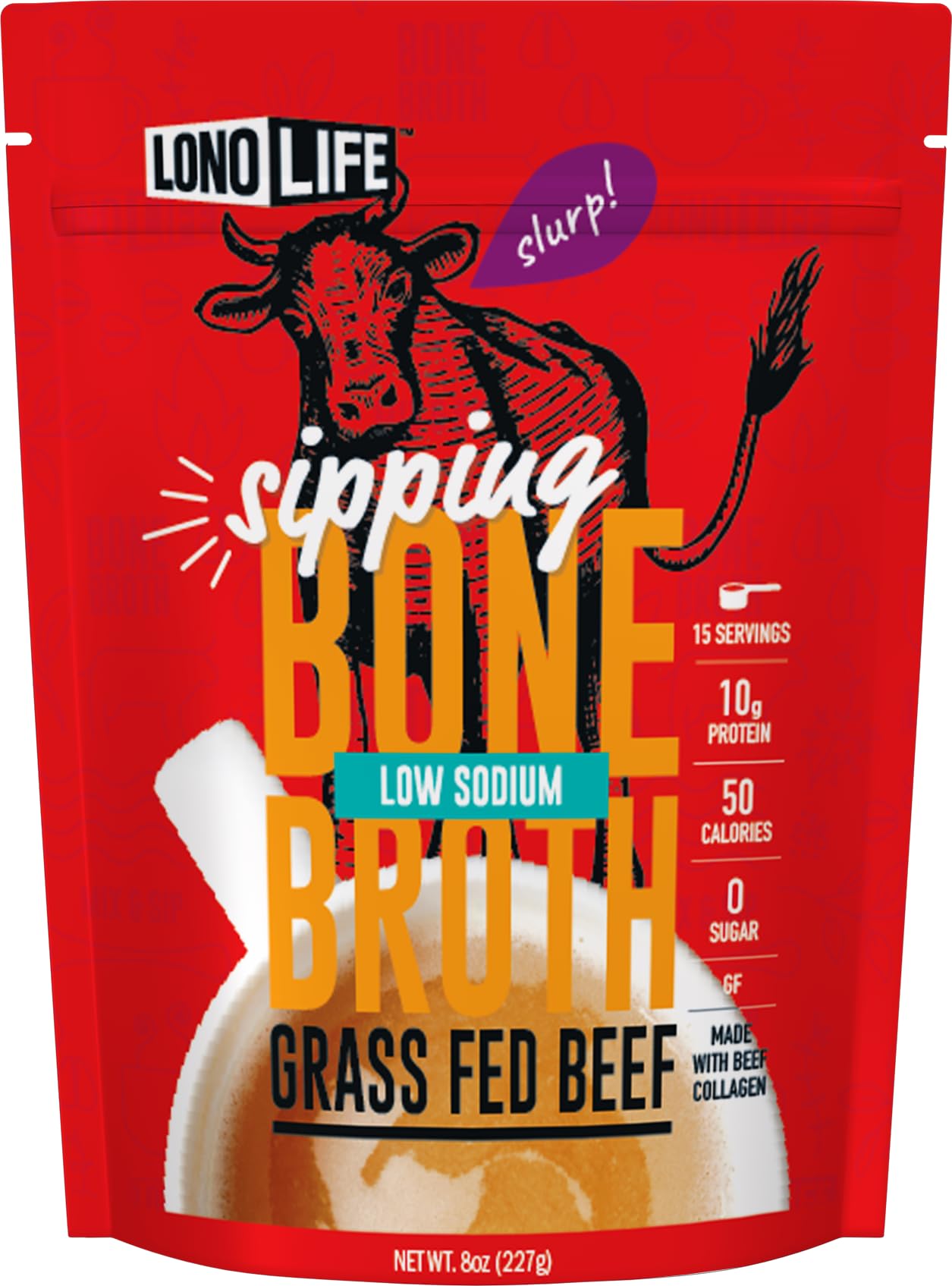 LonoLife Beef Bone Broth Powder Mix, Grass-Fed, 10g Protein, Keto & Paleo Friendly, 8oz Bulk Container