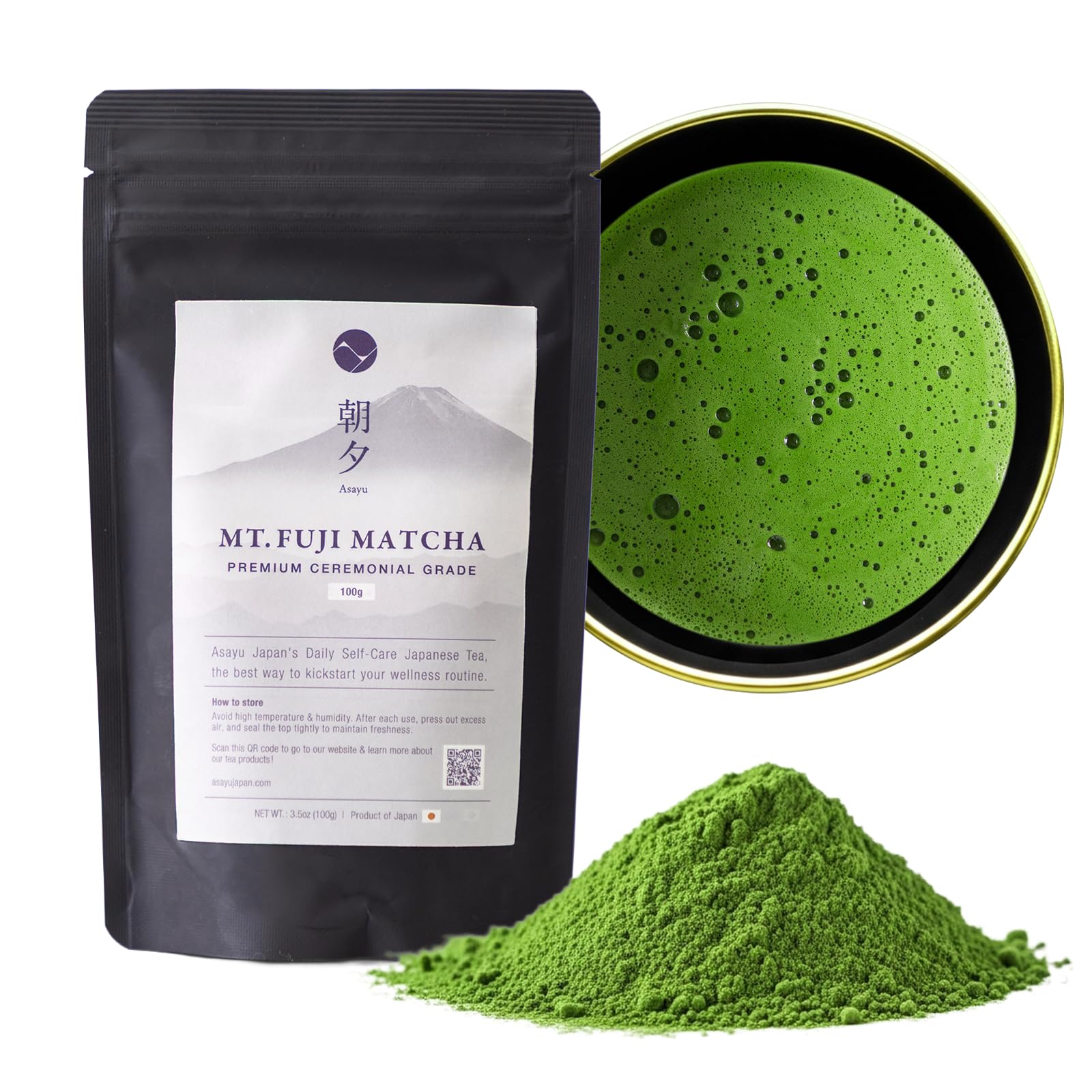 Asayu Japan Fuji Matcha Powder - Premium Ceremonial Grade Green Tea, 100g Pouch, Made in Japan