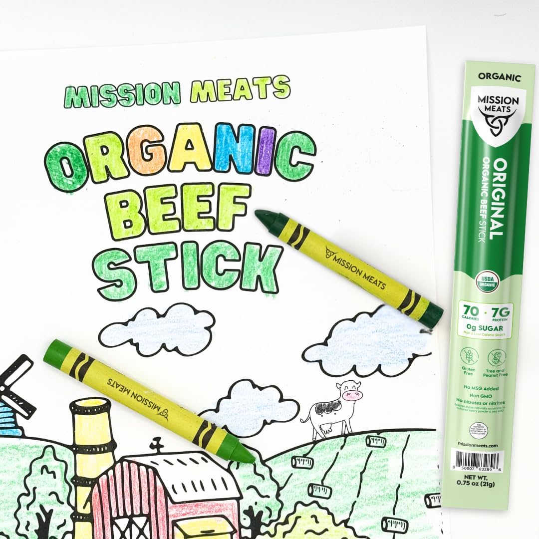 Mission Meats 100% Certified Organic Beef Sticks - Pasture-Raised  Zero Sugar  Non-GMO  Healthy Individually Wrapped Meat Sticks Snack  0.75oz (24 Count)
