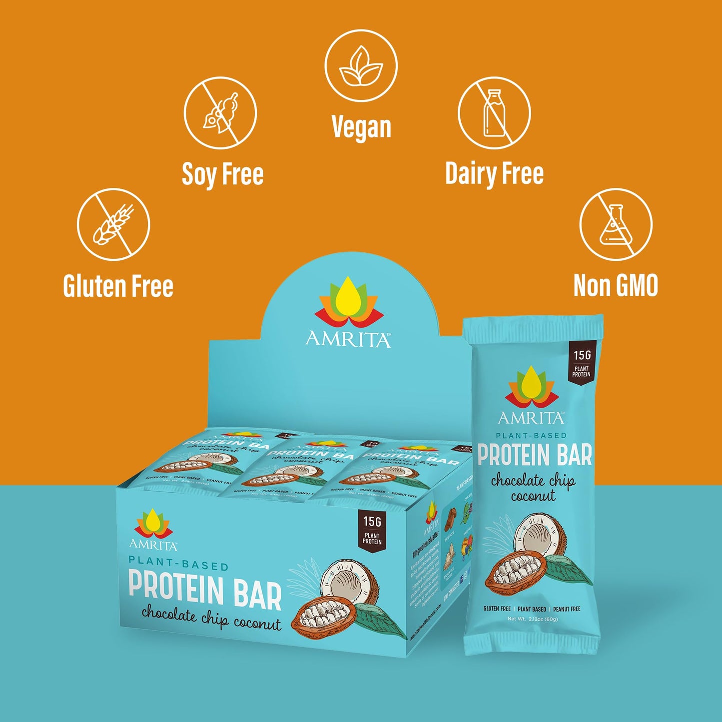 Amrita Vegan Protein Bars - Chocolate Chip Coconut, 15g Protein, Gluten & Soy Free, 12 Count (Pack of 3)