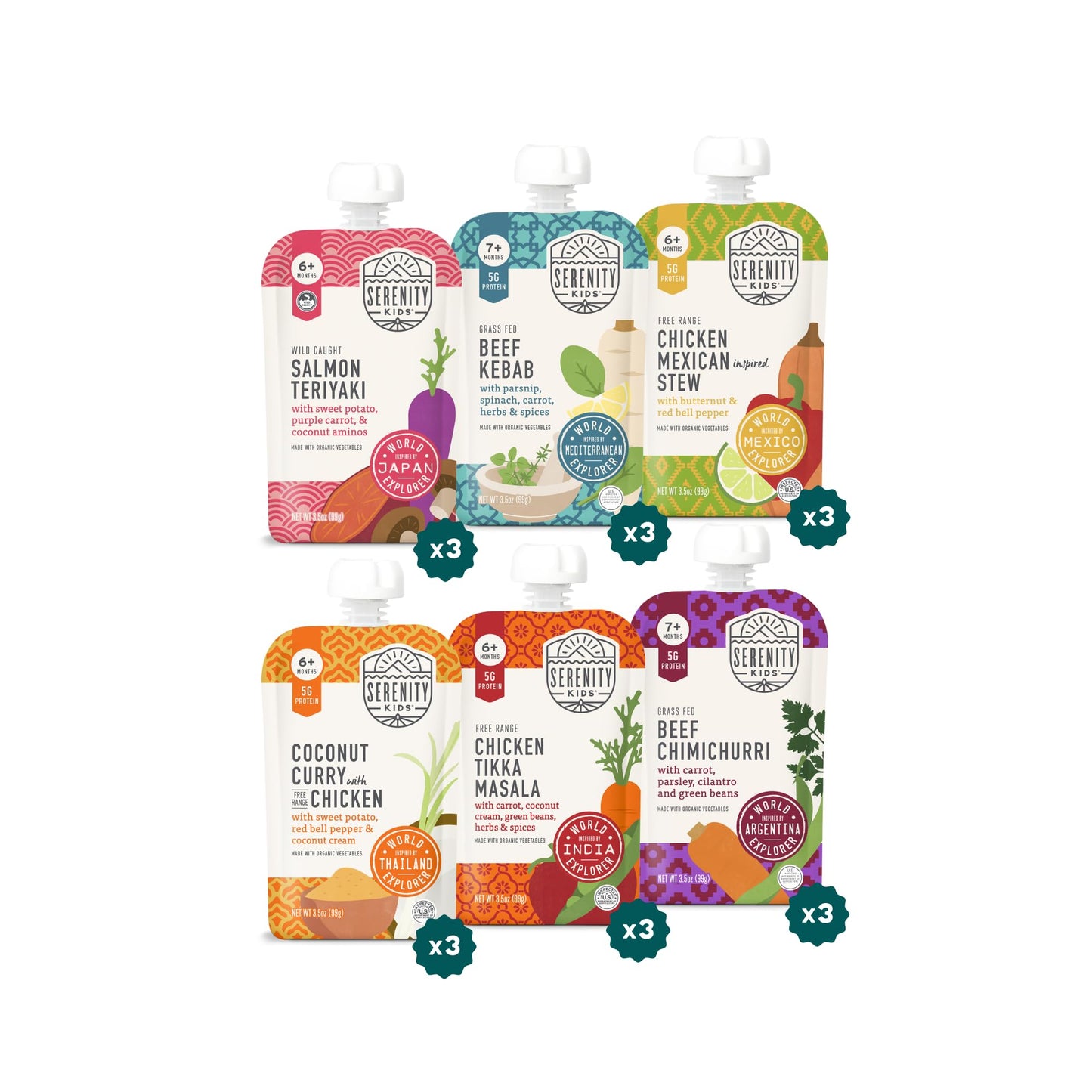 Serenity Kids 7+ Months World Explorers Baby Food Pouches - Puree w/Ethically Sourced Meats & Organic Veggies - 3.5 Oz BPA-Free
