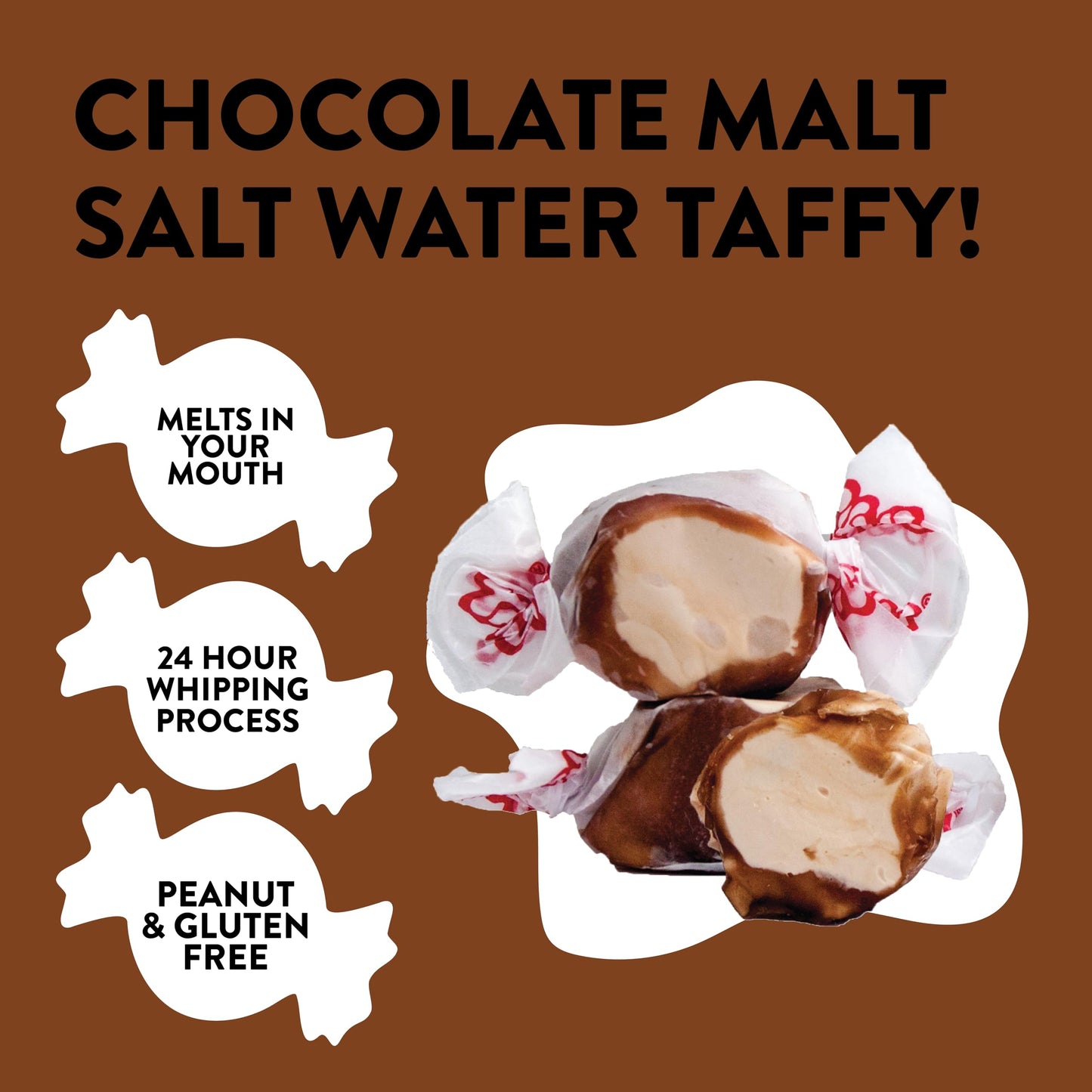Taffy Town Saltwater Taffy- Chocolate Malt | Gourmet Taffy| Nougat-Style Candy| Soft & Delicious| Sumer Snack Treats| Party Good