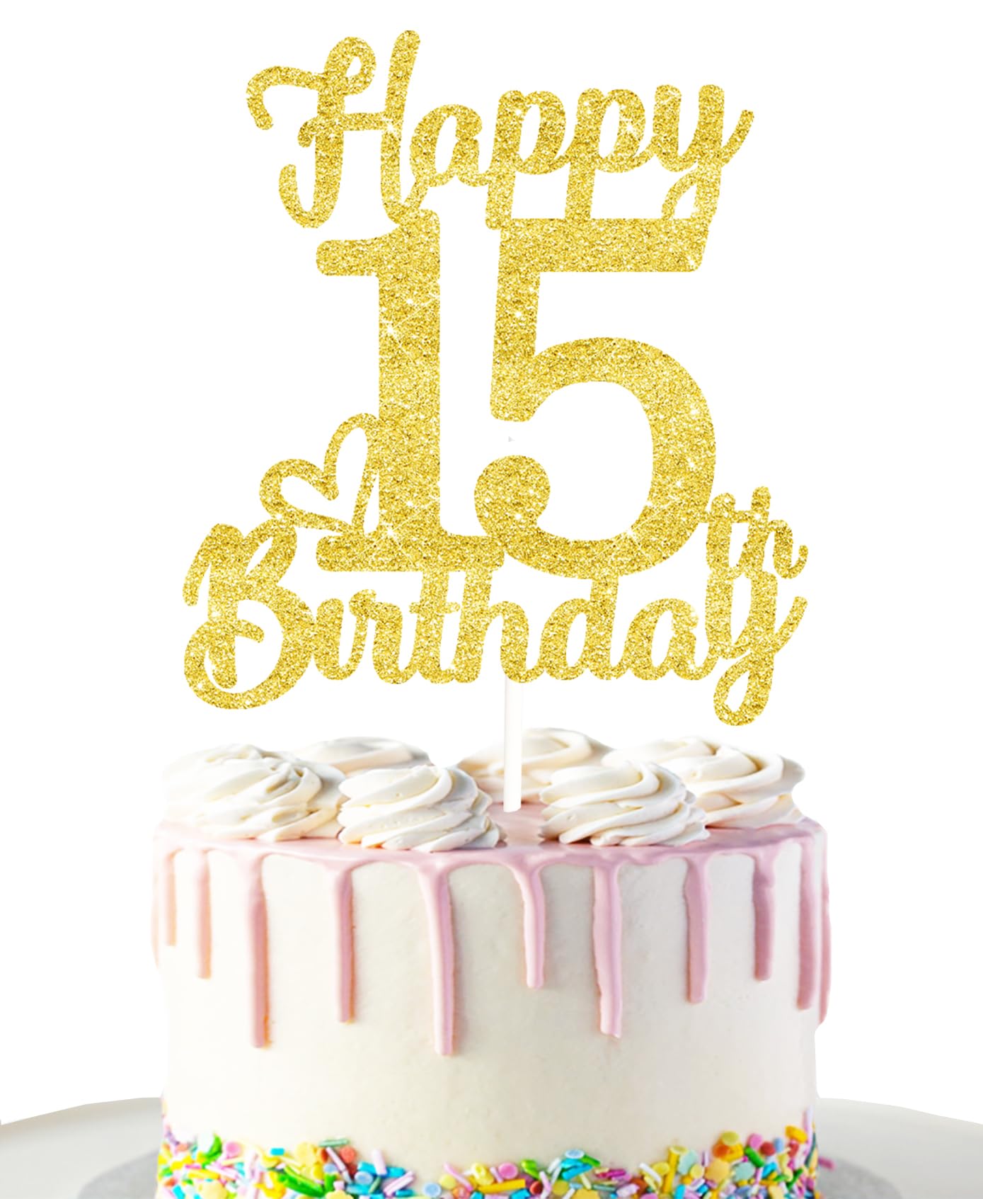 15Th Birthday Cake Topper - Double Sided Gold Glitter, Happy 15Th Birthday Cake Topper For Girls,15 Cake Decorations For Girls,