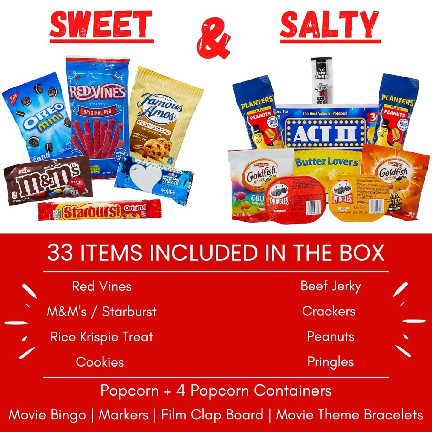 Movie Night Basket Gift Set - Popcorn  Candy  Snacks  game-style and more - 33 Items - Movie Night Gift Box  Gift Basket for Date Night  Family Night  Birthday  College Students  Teens  Men  Women  Kids  Grandpa  Grandma  Friend or Teacher
