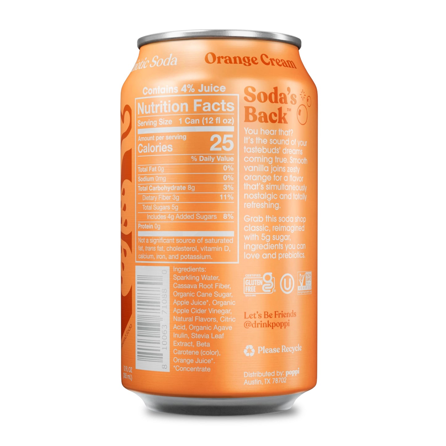Poppi Sparkling Prebiotic Soda - Orange Cream Flavor, 12 Fl Oz, Pack of 1