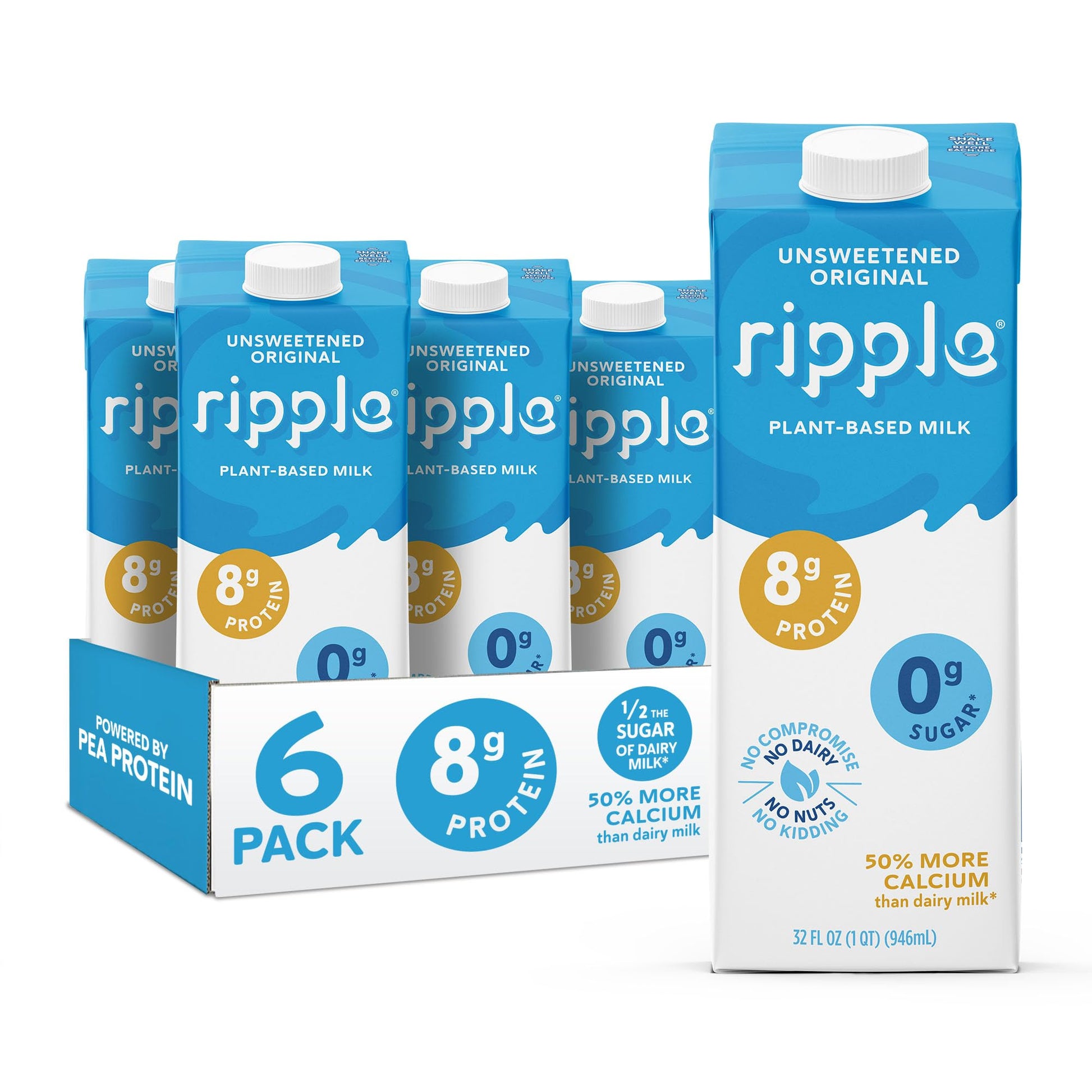 Ripple Unsweetened Original Non-Dairy Milks | Vegan Milk with 8g Pea Protein | Shelf Stable | Non-GMO. Plant Based, Gluten Free 