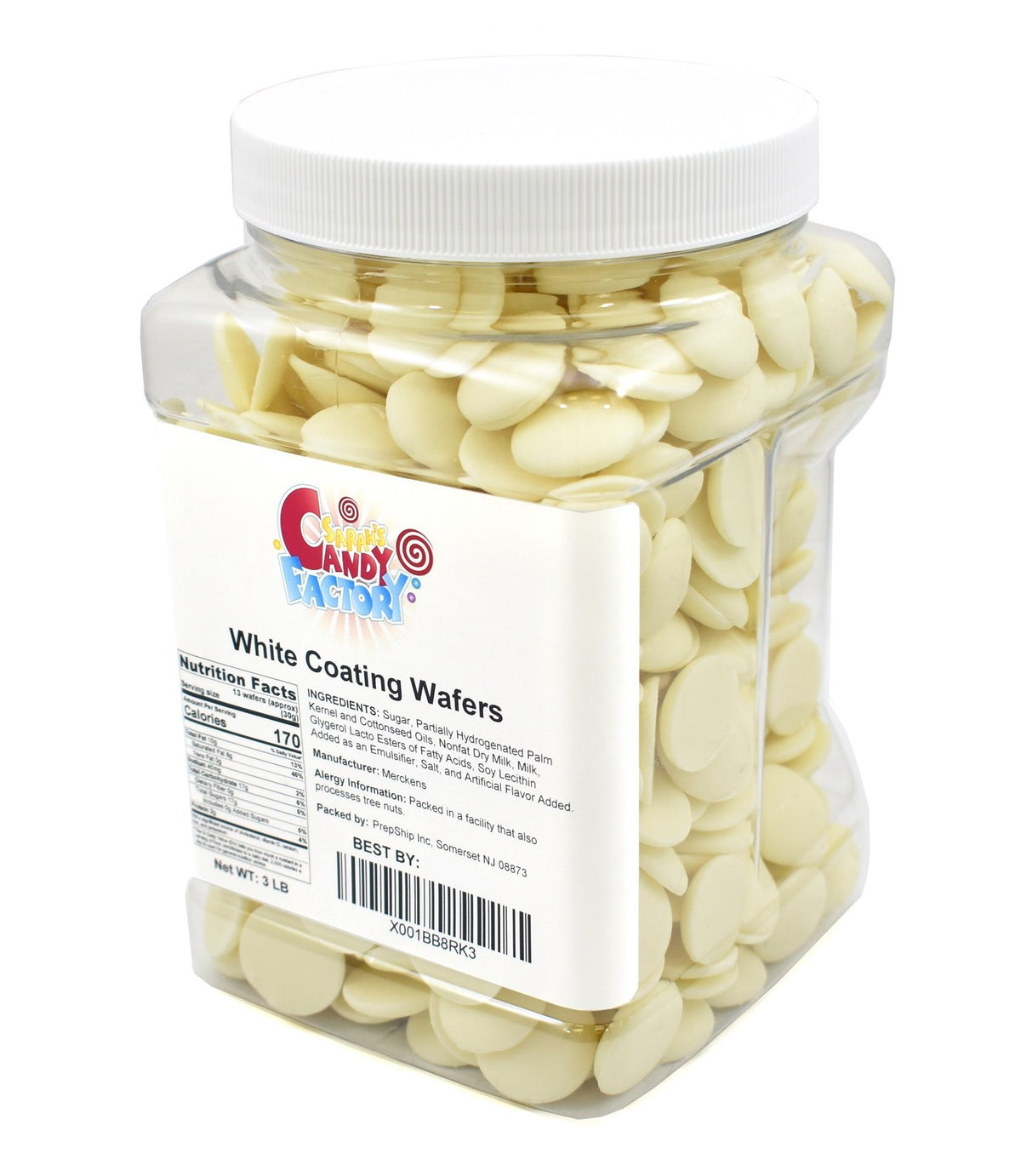 Sarahs Candy Factory Coating Melting Wafers White Chocolate in Jar, Kosher and Gluten Free, 3 Lbs