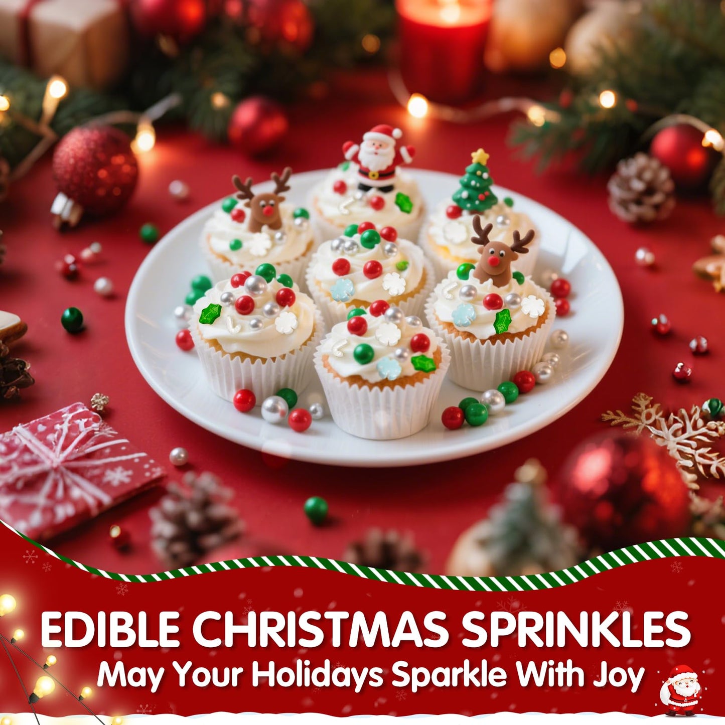 Edible Christmas Sprinkles for Cake Decorating,130gWhite and Blue Snowflake,White Candy Cane,Red Silver Pearls,Christmas Trees,S