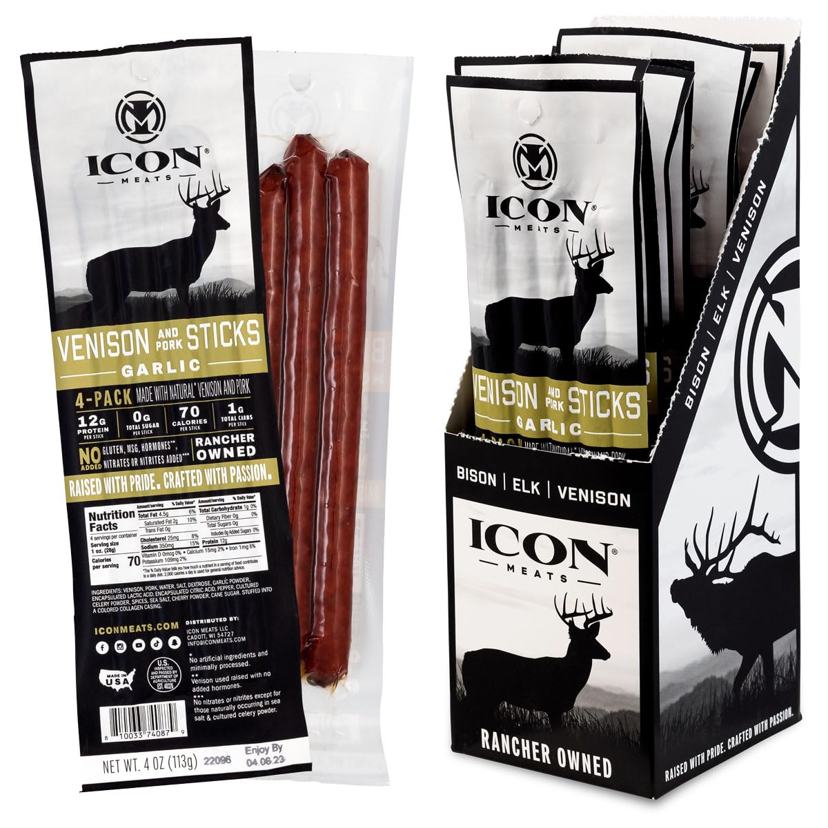 ICON Venison and Pork Snack Sticks, Garlic Flavor, 6 Packs, All Natural, High Protein, Low Calorie, Sugar Free, 4 Sticks Per Pack