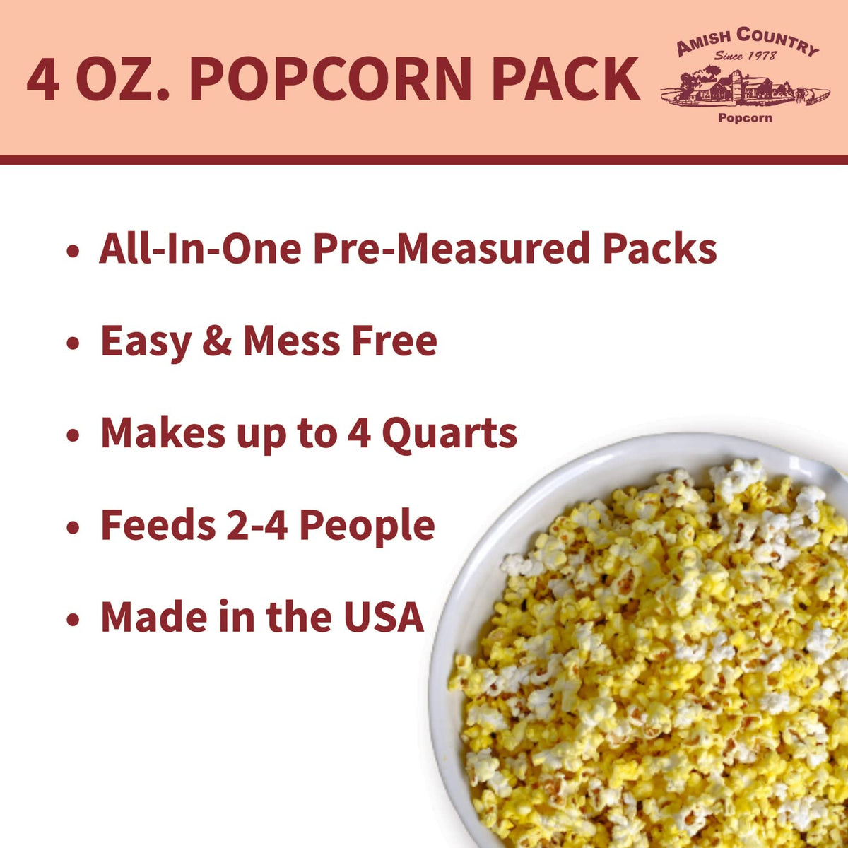 Amish Country Popcorn | All-In-One Medium Yellow Kernel Popcorn Packs | Pre-Measured For Popcorn Machines And Includes Hulless P