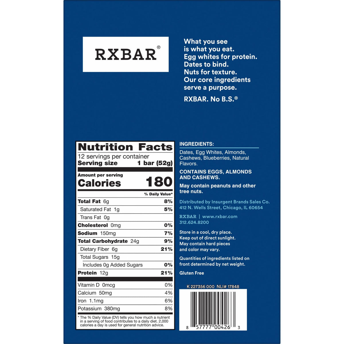 Rxbar Protein Bars, Protein Snack, Snack Bars, Blueberry, 22Oz Box (12 Bars)