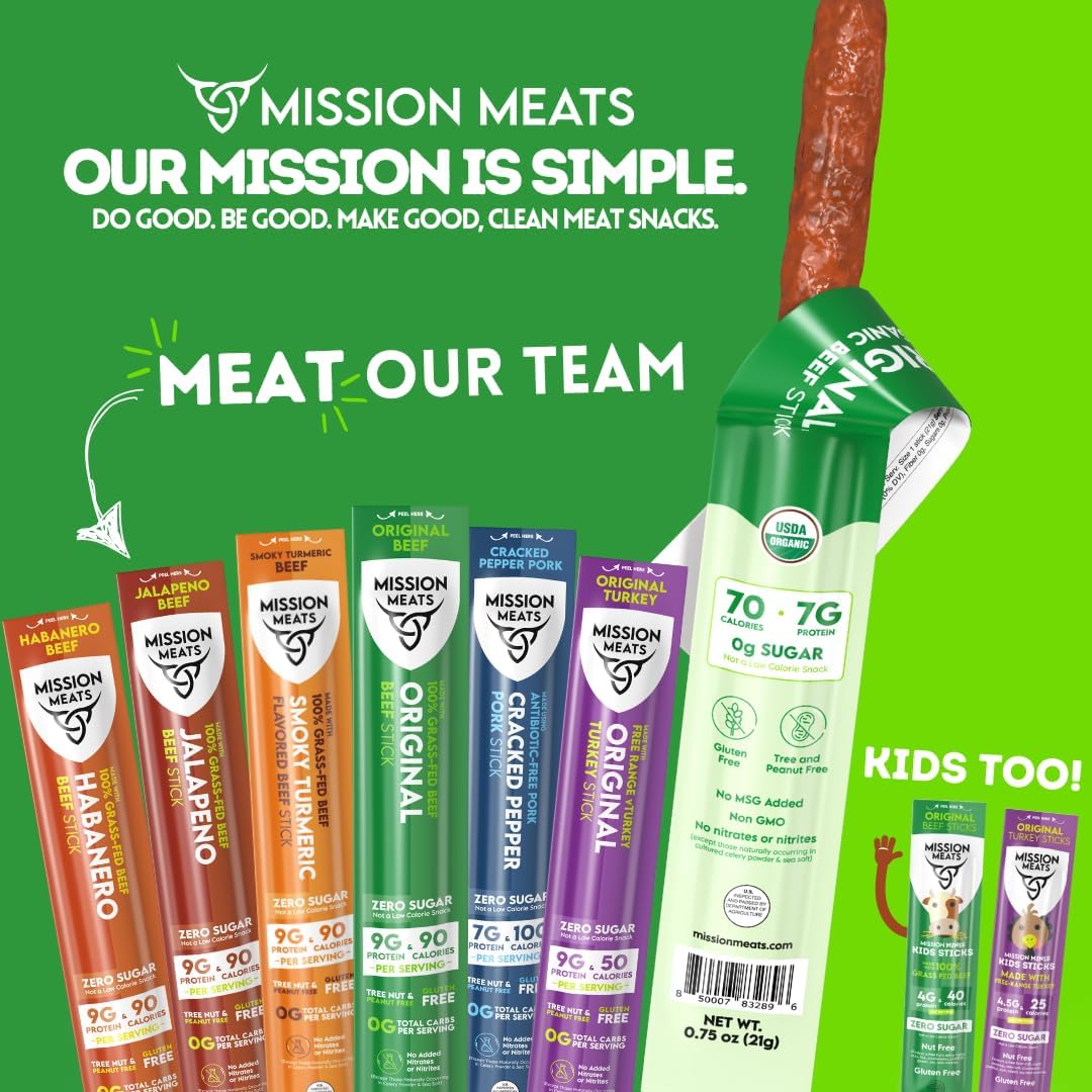 Mission Meats 100% Certified Organic Beef Sticks - Pasture-Raised  Zero Sugar  Non-GMO  Healthy Individually Wrapped Meat Sticks Snack  0.75oz (24 Count)