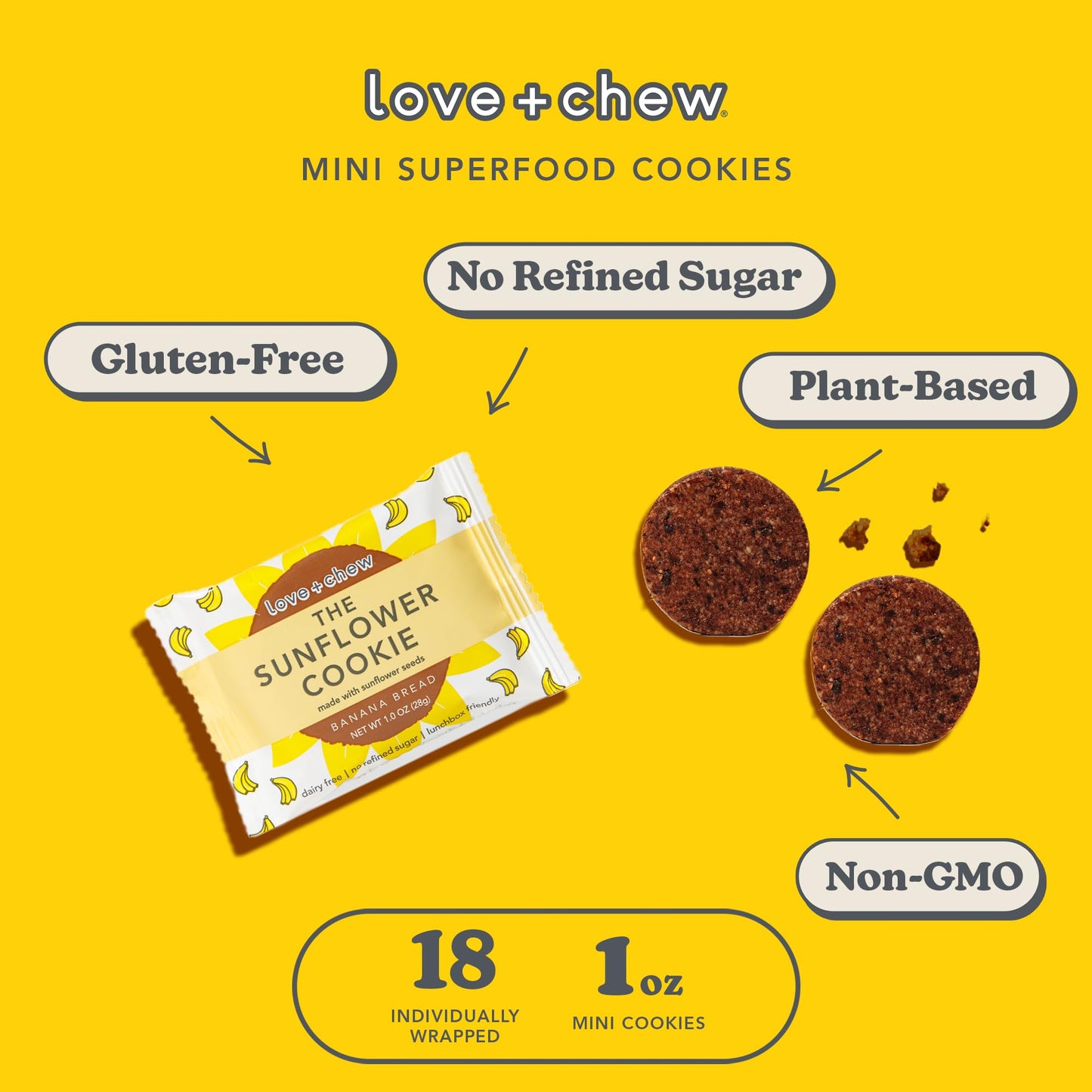 Love + Chew Soft Baked Protein Cookies, Gluten Free | (18) Count Sunflower Banana Bread Minis | Vegan, Paleo, Non GMO and Packed