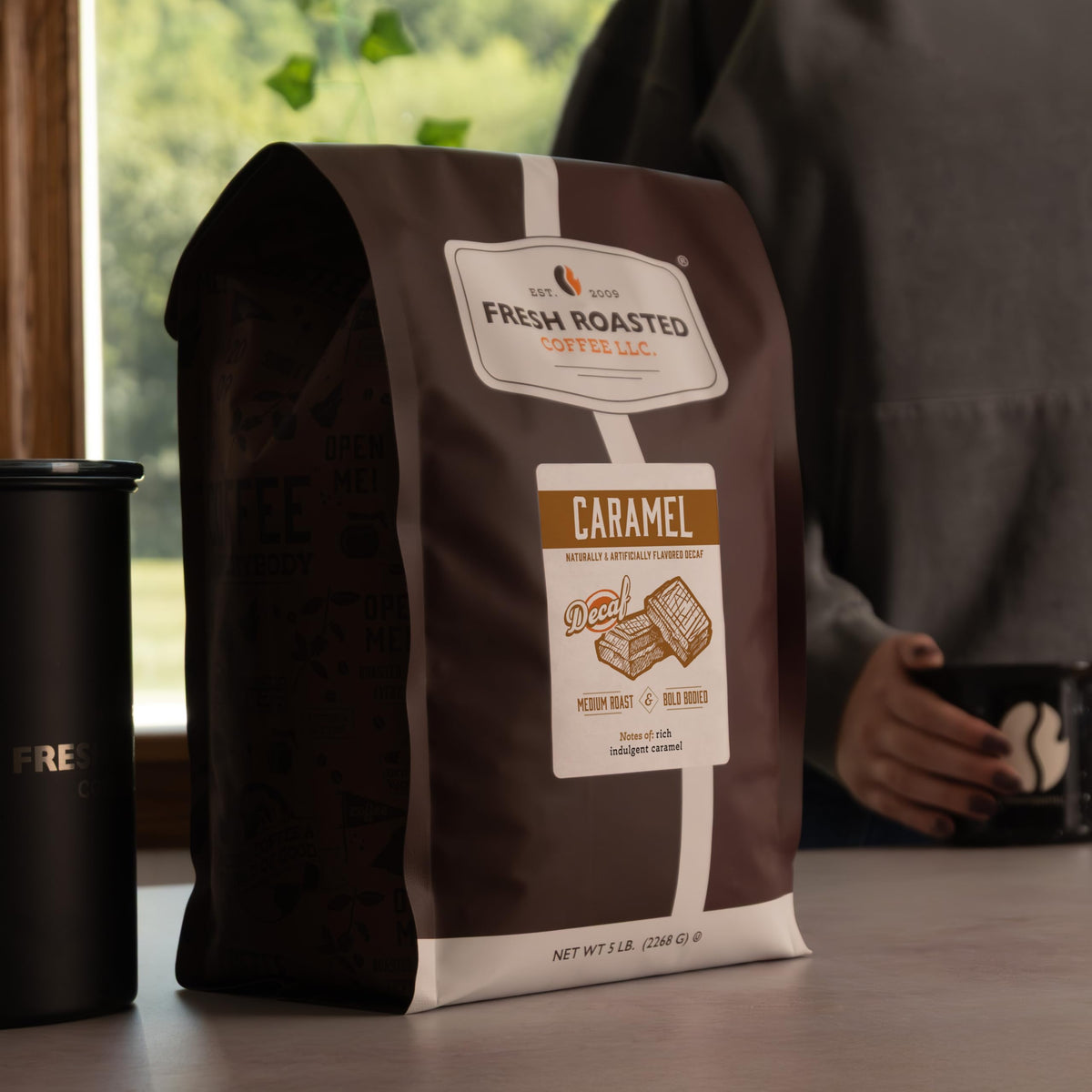 Fresh Roasted Coffee Decaf Caramel Flavored Whole Bean, Medium Roast, 5 lb (80 oz)
