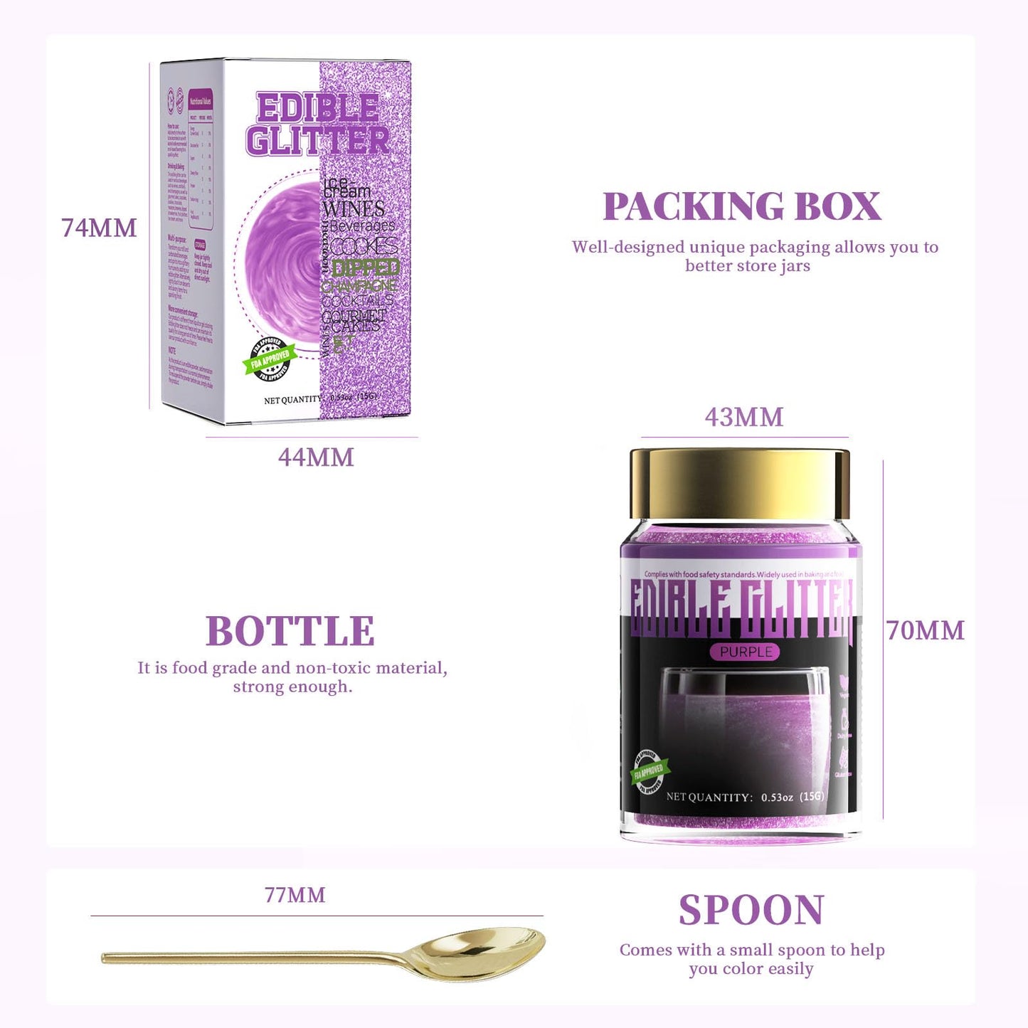 LOCDO Edible Glitter, Food Grade Luster Dust, Vegan, Allergen-Free, Large 15G, Purple