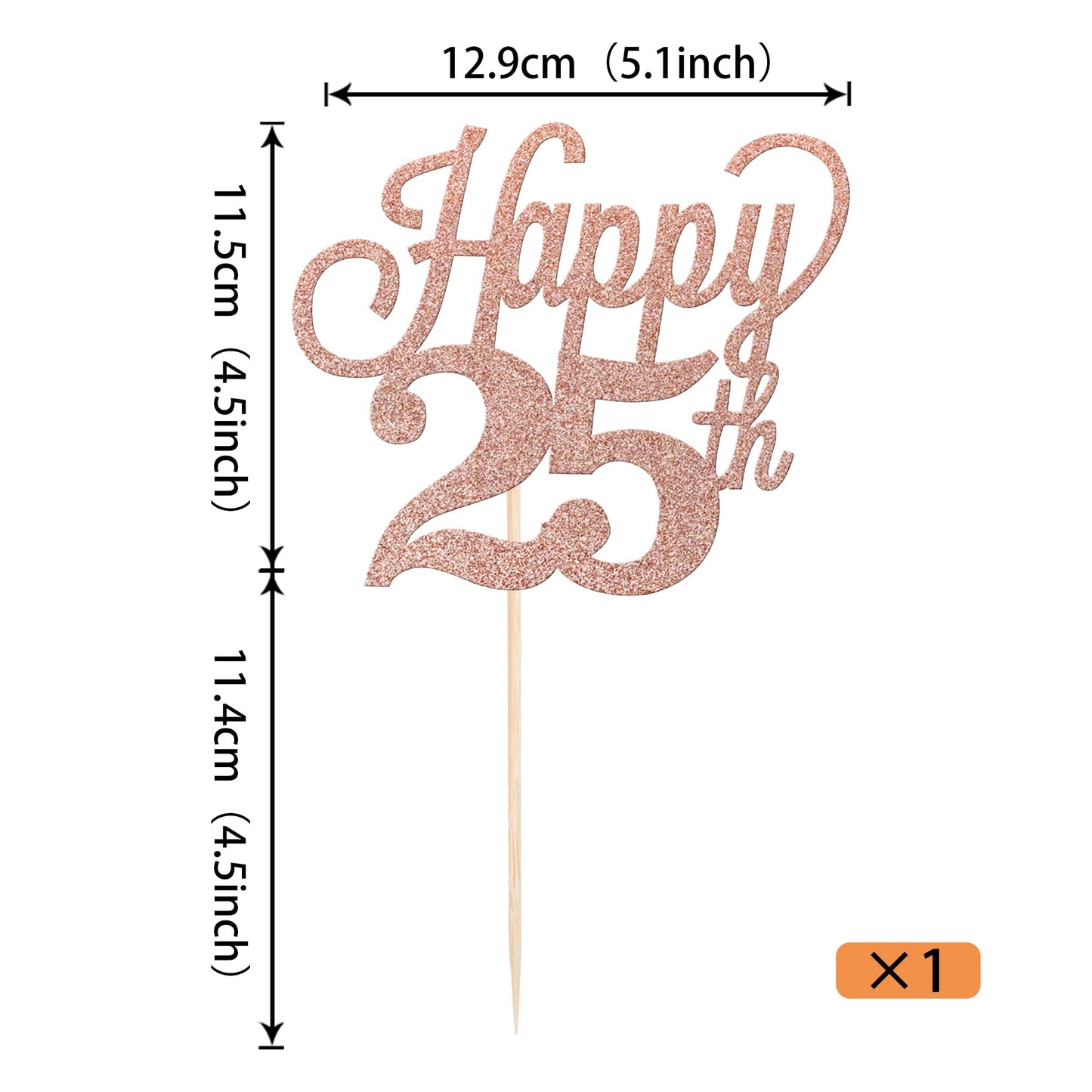 YCTHUNFISH Happy 25th Cake Topper, Black Glitter Number 25, Rose Gold, Bamboo Decorations for 25th Birthday Wedding Anniversary Party Supplies