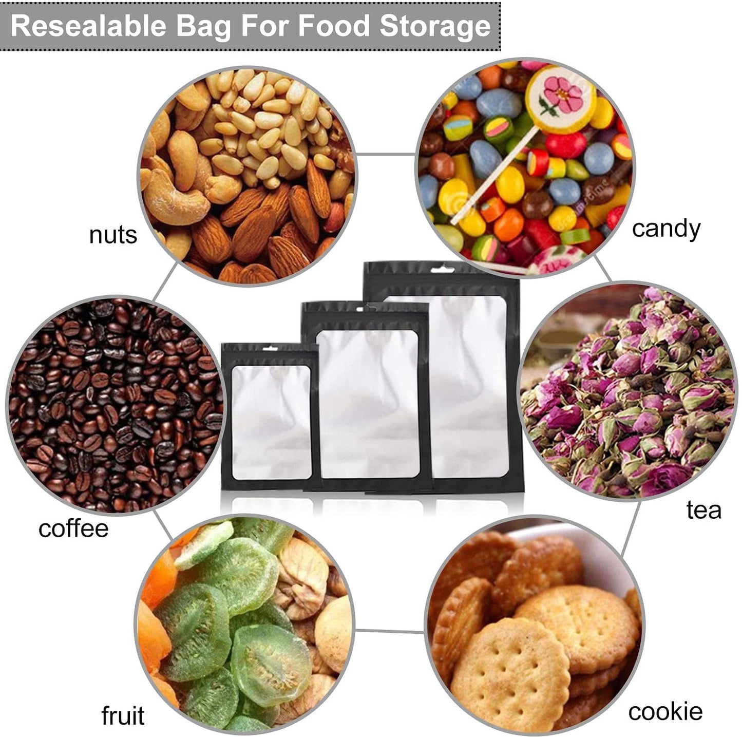MEACOLIA 300 Pack Resealable Mylar Bags - Smell Proof Food Storage Pouches, Black, 3 Sizes (3x4.7, 4x6, 4