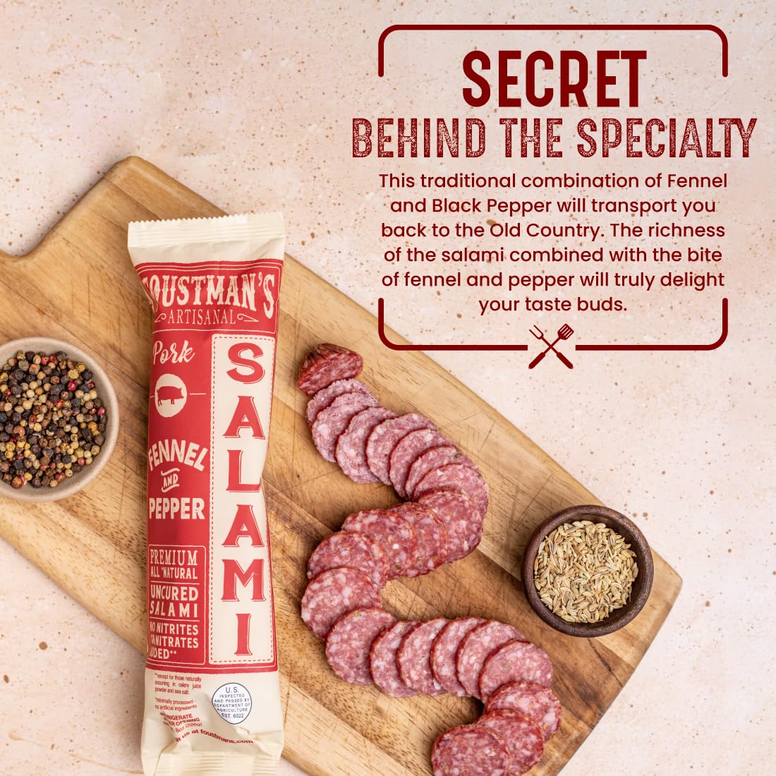 Foustmans Salami Pork Fennel and Pepper Artisanal, Nitrate-Free, Naturally Cured, Gluten-Free, Dairy-Free, Pack of 6, 8 Oz Each