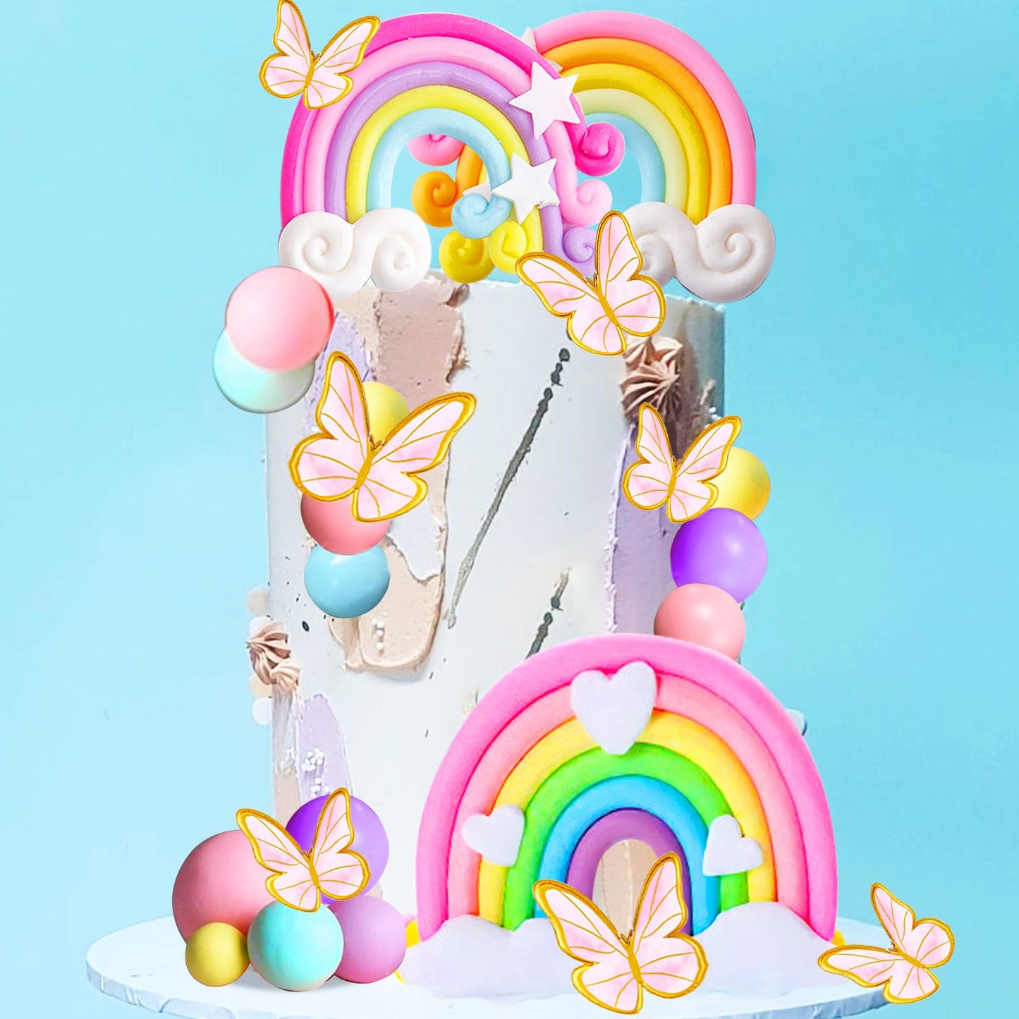 Jevenis 33 Pcs Pink Rainbow Cake Topper Unicorn Rainbow Cake Decorations Boho Cake Topper Girls Birthday Baby Shower Cake Topper