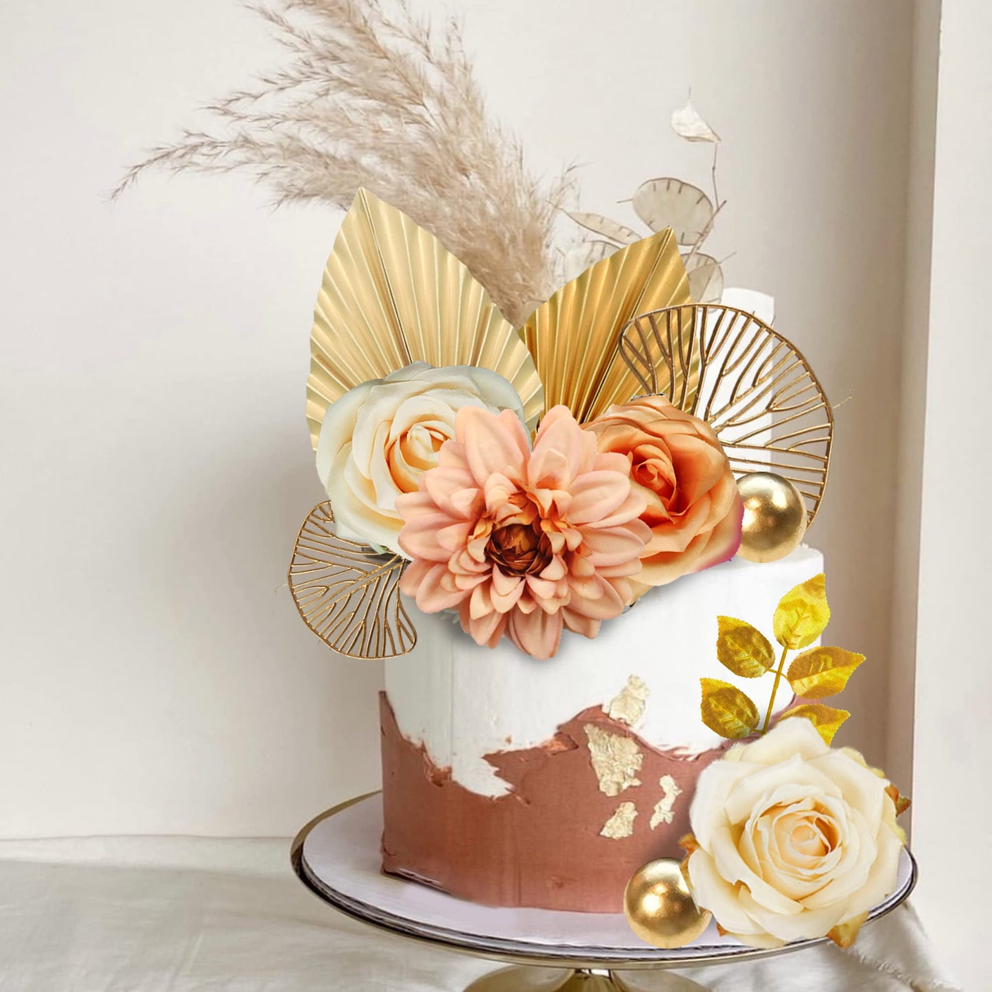 Drwate Cake Topper, 11Pcs Boho Flower Gold Leaves Cake Decorations For Wedding Baby Shower Birthday Party Supplies
