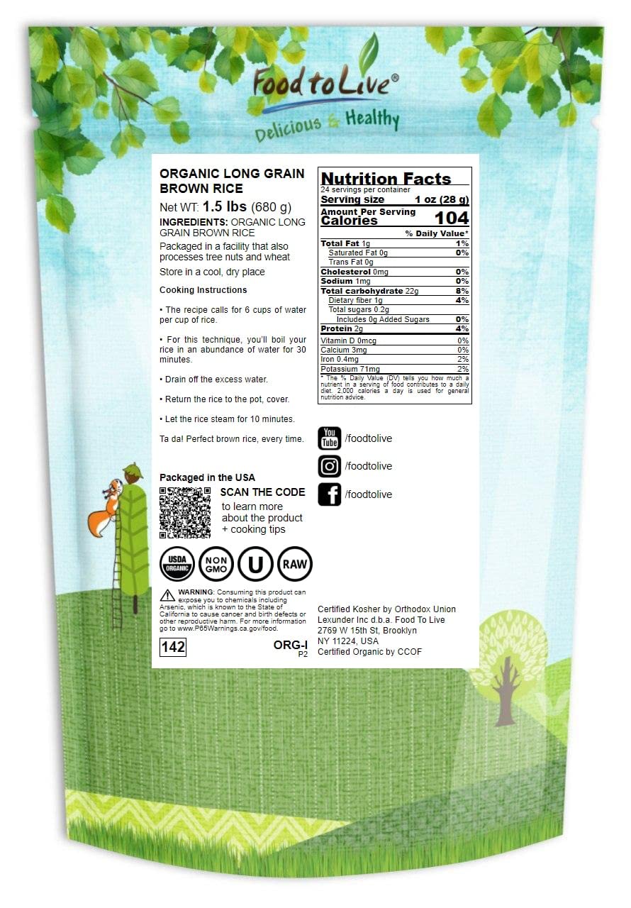 Food To Live Organic Long Grain Brown Rice, 1.5 Pounds - Non-Gmo, Whole Grain, Raw, Non-Irradiated, Kosher, Vegan, Bulk. Chewy T