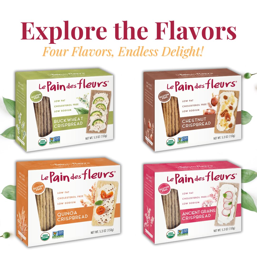 Le Pain des Fleurs Organic Chestnut Crispbread - Low Sodium, Vegan, Gluten Free - 4.4oz Boxes, 6 Pack