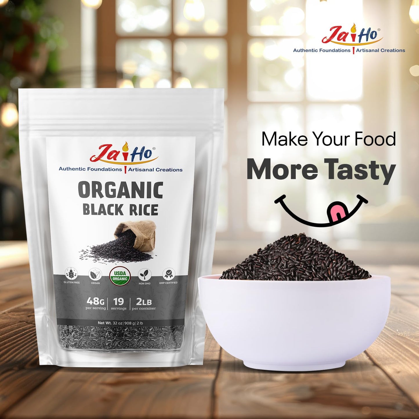 Jai Ho Certified USDA Organic Black Rice, Gluten Free, Vegan, Non-GMO, 2 LB Resealable Zip Lock Pouch