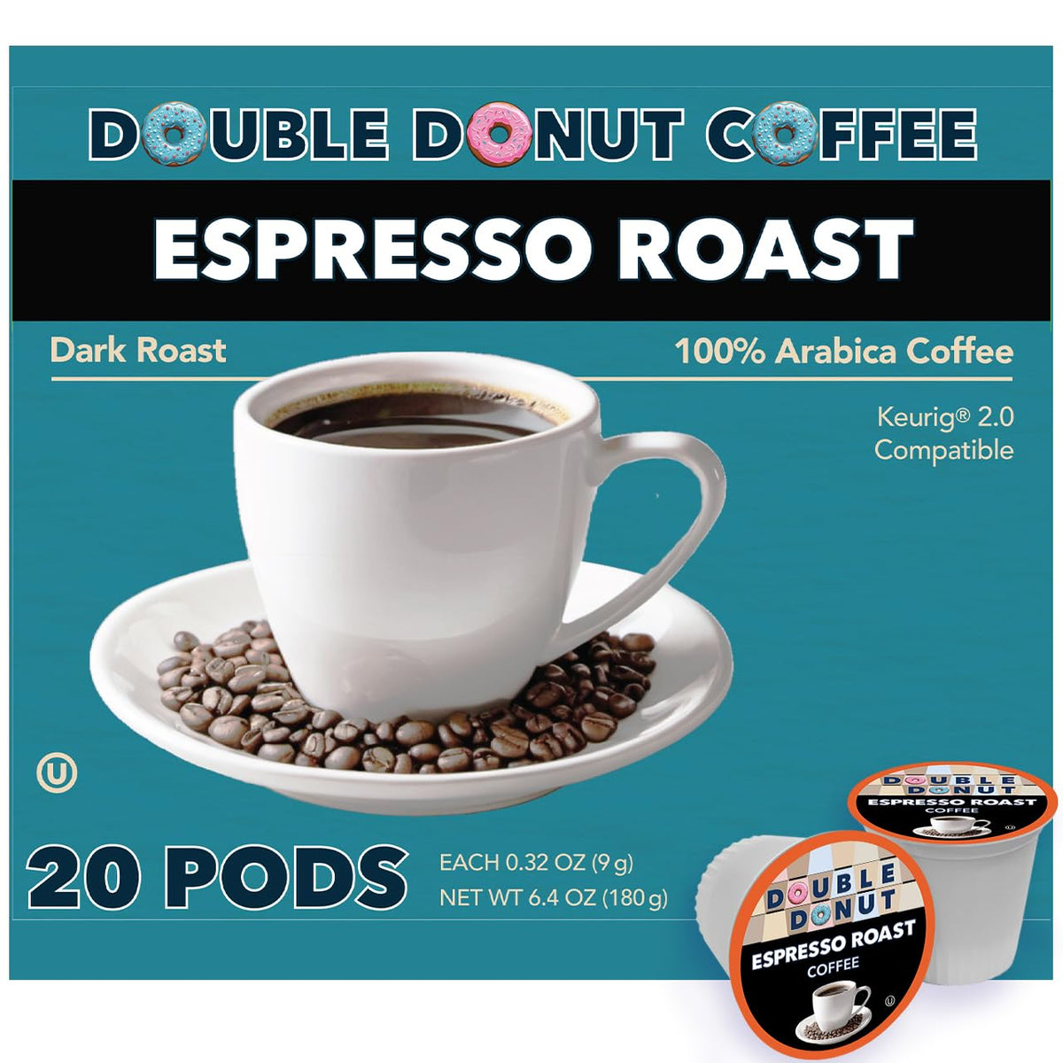 Double Donut Coffee Espresso Roast Blend, 20 Count Recyclable Pods for Keurig K Cup Machine