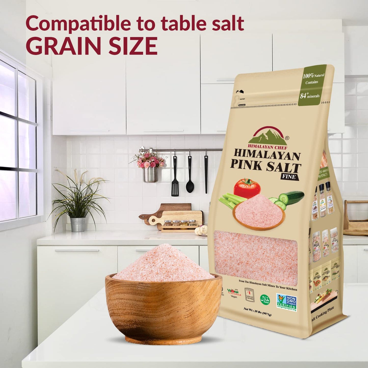 Himalayan Chef Pink Himalayan Salt, Extra Fine Grain, 19 lbs Bag - Pure, Natural, Kosher Certified, Non-GMO, Ideal for Cooking,
