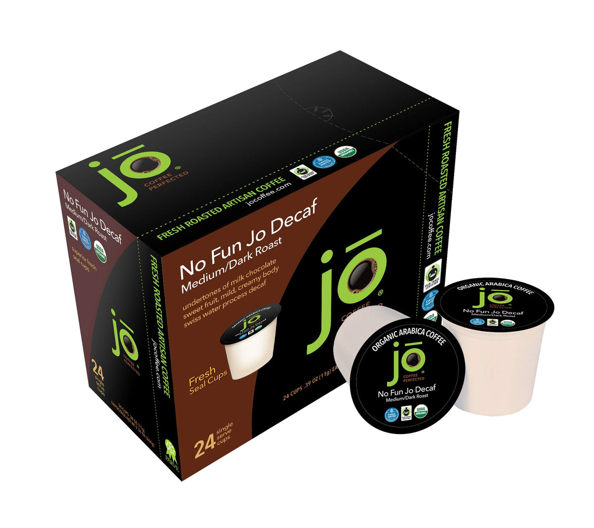 Jo Coffee NO FUN JO DECAF Medium Dark Roast Organic Coffee, Swiss Water Process, 96 Cups (4 Pack), Fair Trade, Kosher, Non-GMO Gluten Free