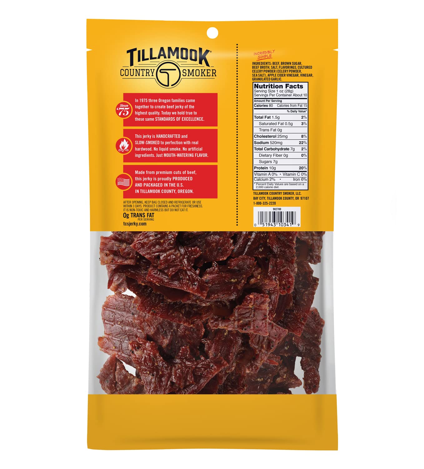 Tillamook Country Smoker Beef Jerky, Old Fashioned, 10 Ounce, Pack of 1, Real Hardwood Smoked