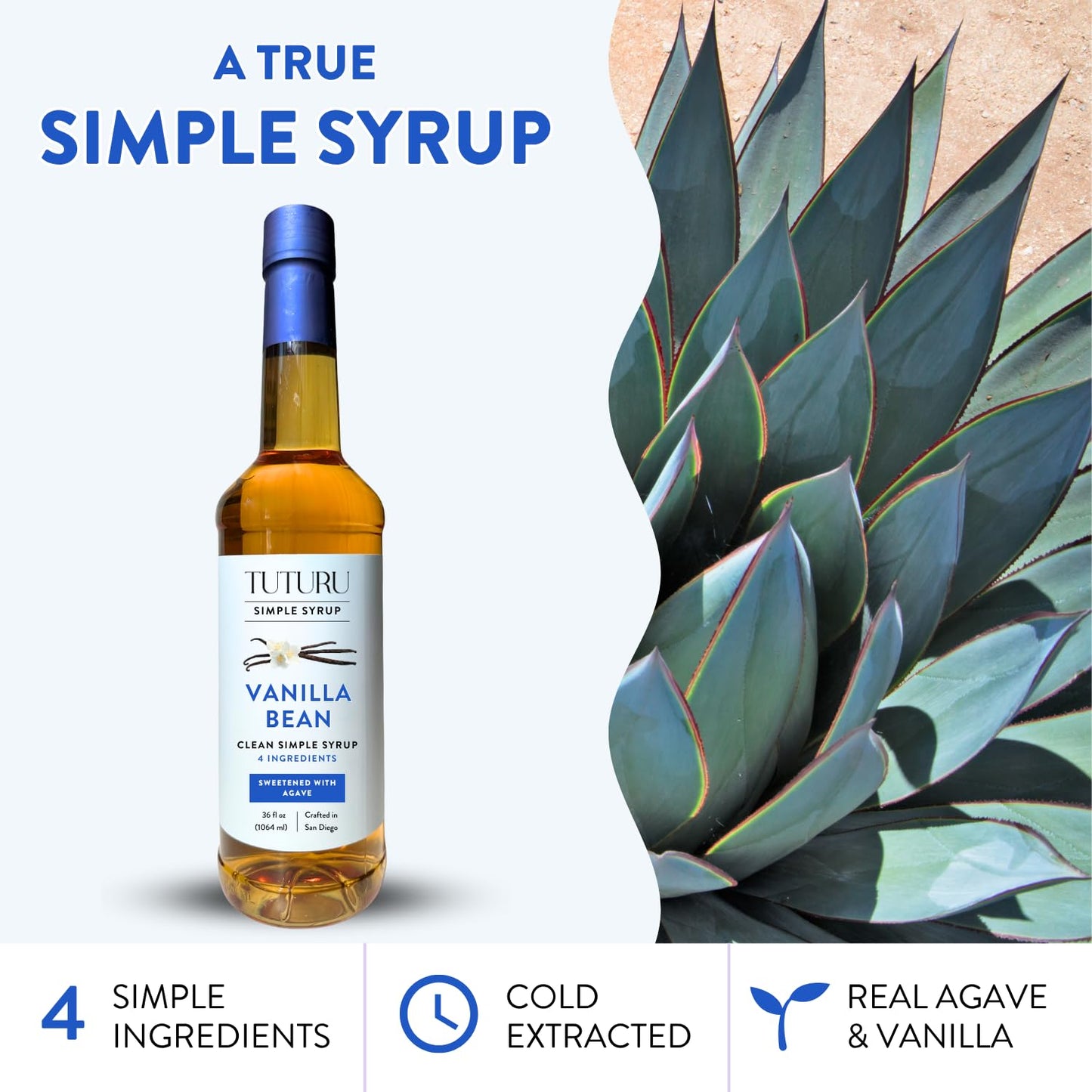 Vanilla Bean Agave Simple Syrup for Coffee & Cocktails - Sweetened with Organic Agave Nectar - Infused with Real Vanilla Bean - 36 oz
